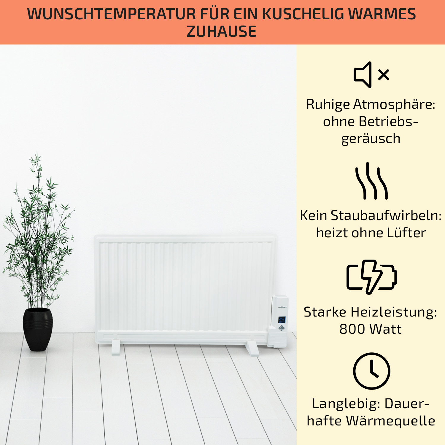 Ein weißer Elektroheizer mit kleinem Display, vor weißer Wand und einer grünen Pflanze.
