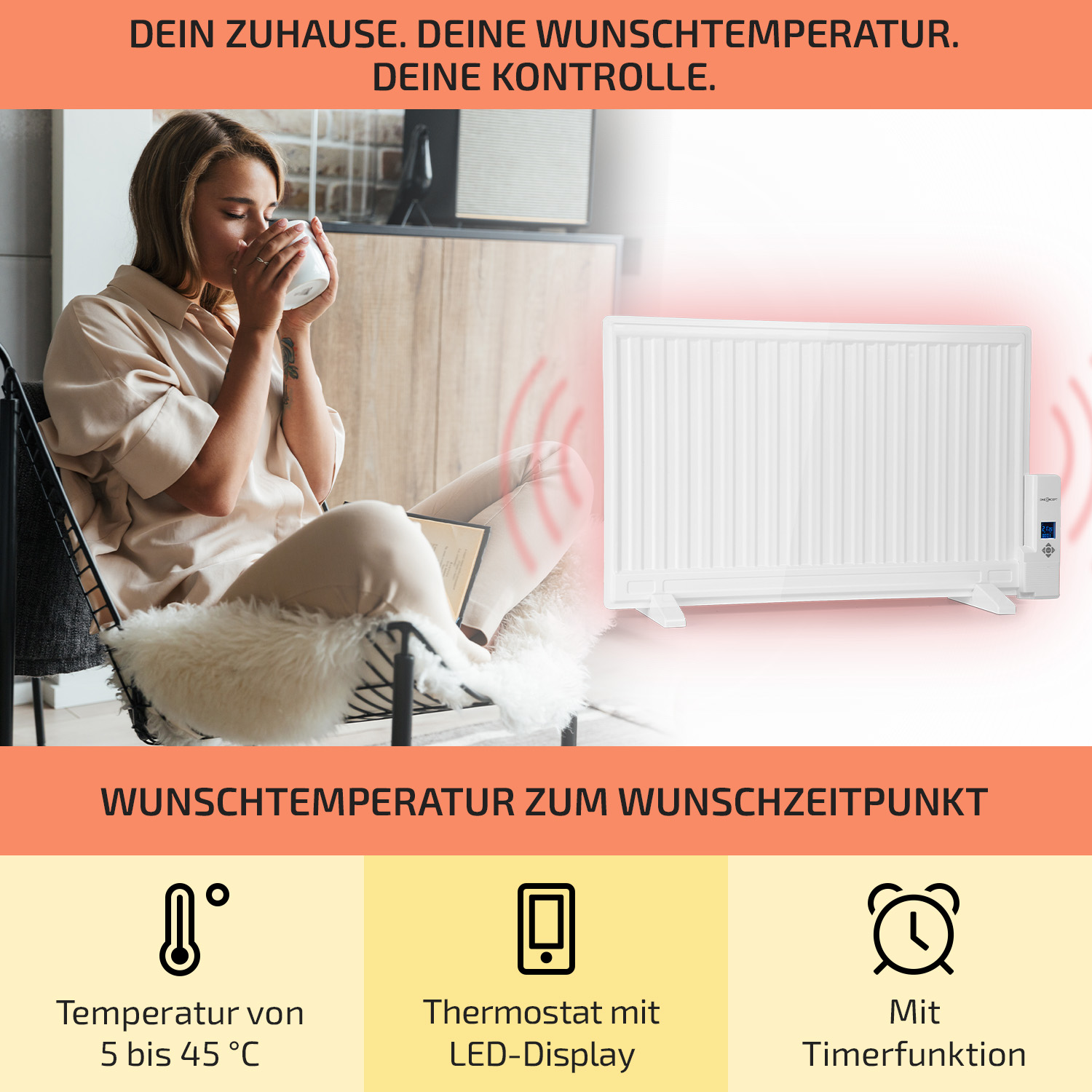 Eine Frau mit Tasse und Buch, neben einem weißen Heizkörper mit Display.