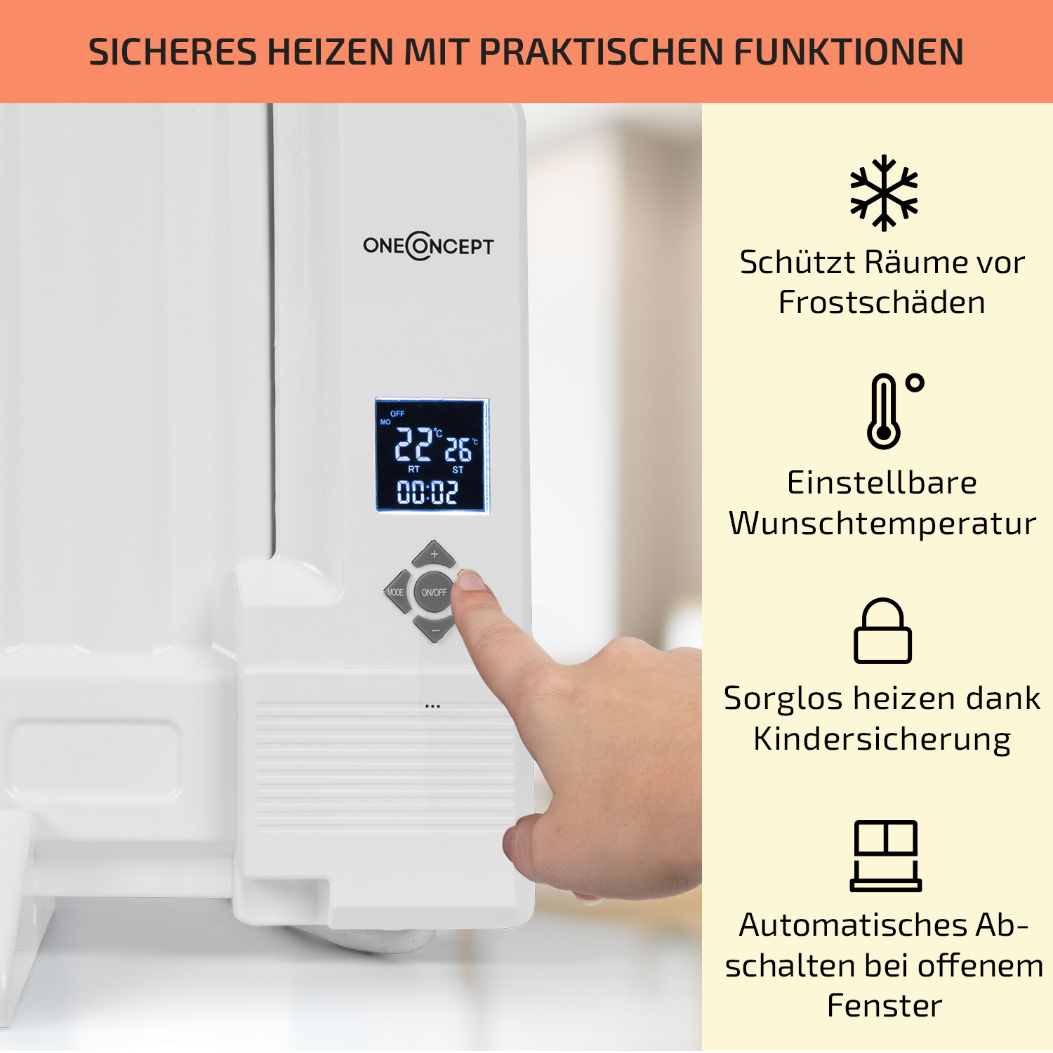 Eine Hand berührt die Ein-/Aus-Taste an einer weißen Heizung mit Digitalanzeige.