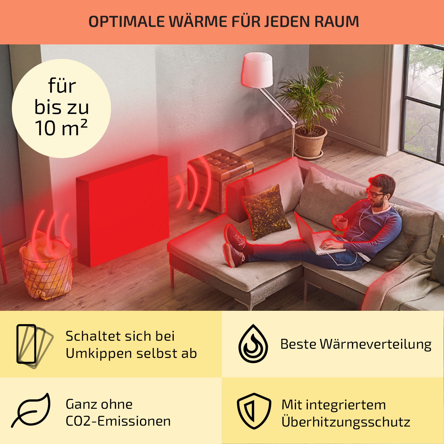 Person auf einer Couch mit Laptop, roter Heizkörper davor. Informationelle Symbole werden gezeigt.