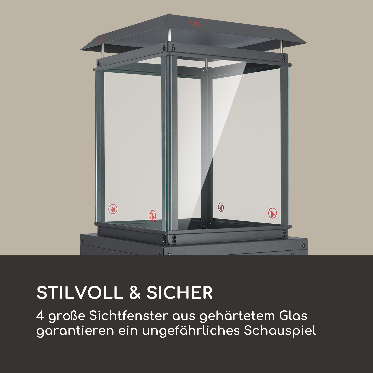 Ciminiera quadrata nera con finestre di vetro. Testo 'STILVOLL & SICHER' in basso.