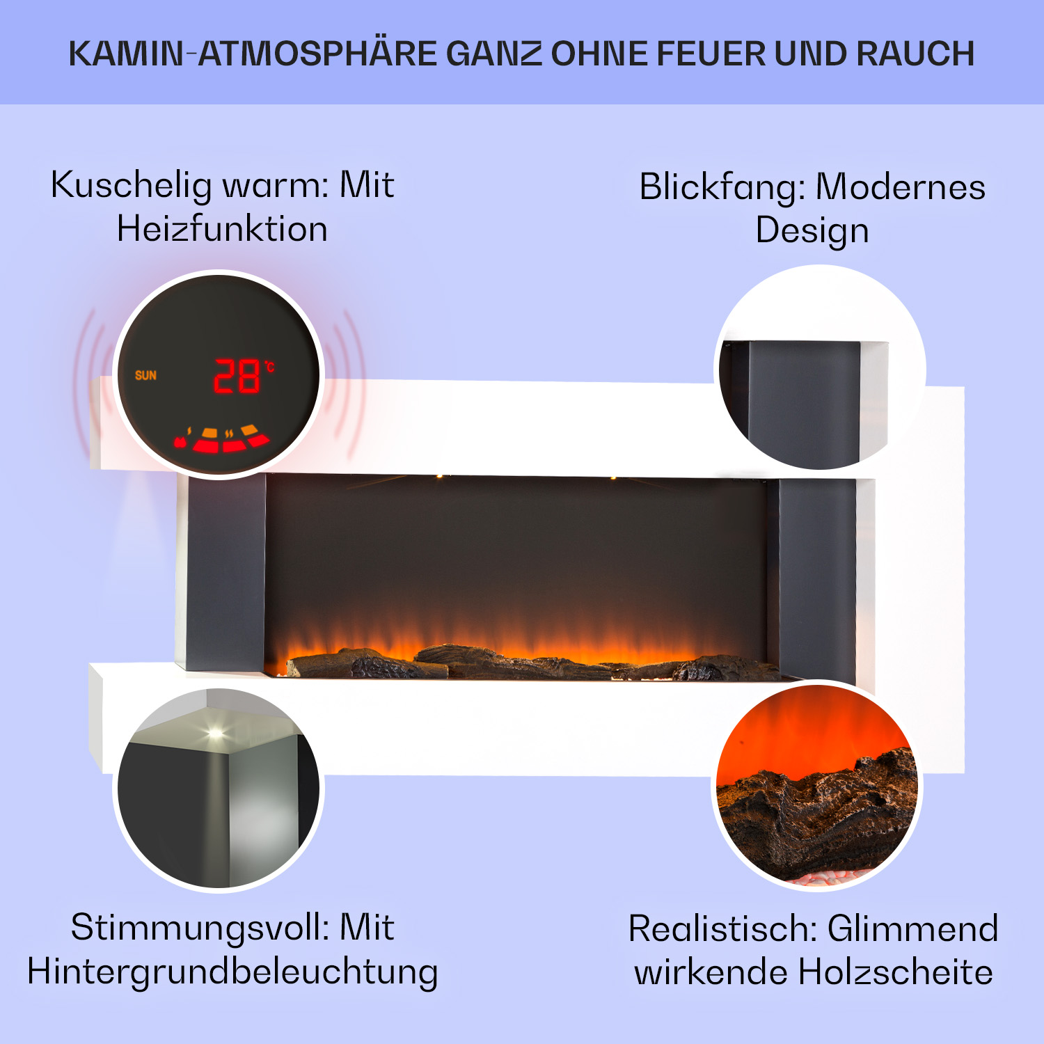 Caminetto con effetto fiamma e testo su atmosfera accogliente.