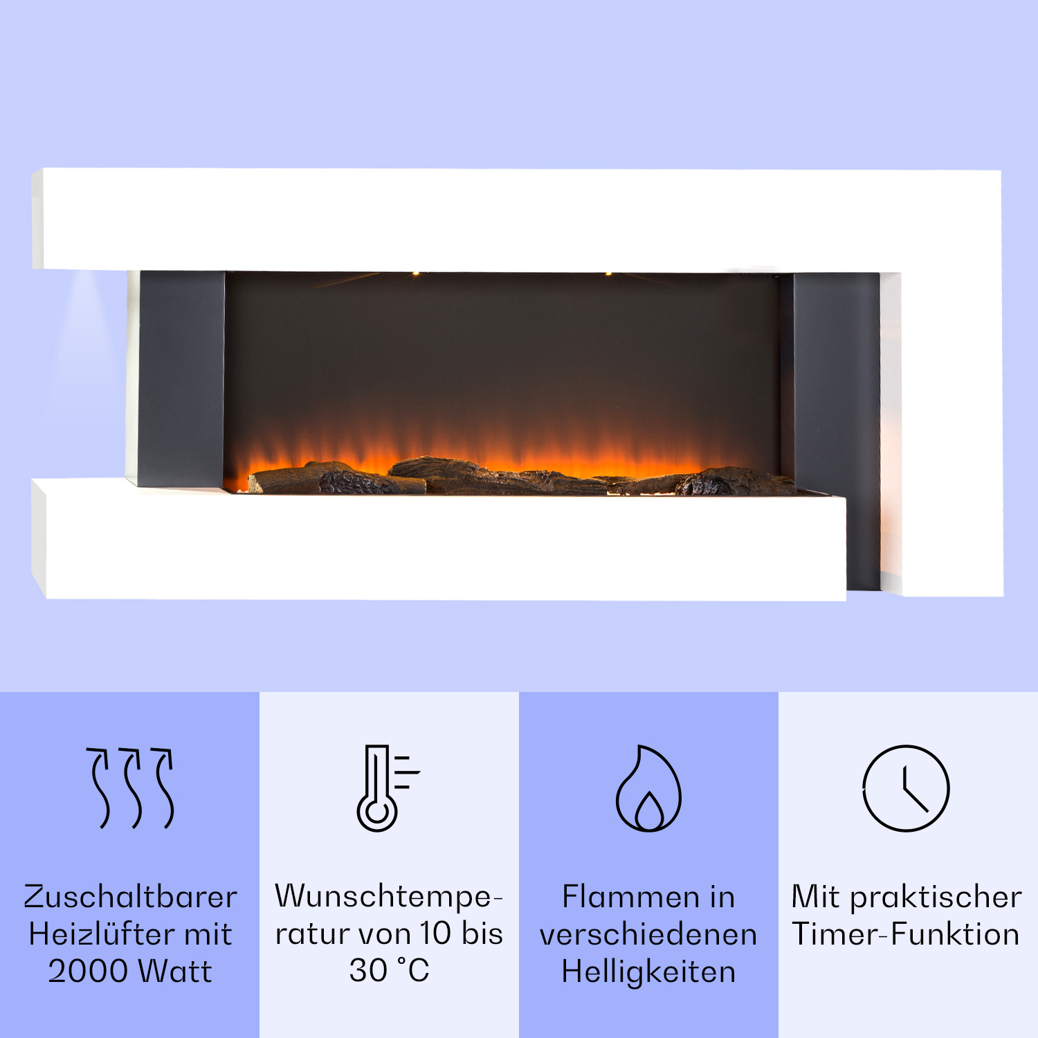 Un caminetto elettrico bianco e nero con effetto fiamma incandescente, che mostra icone sotto.