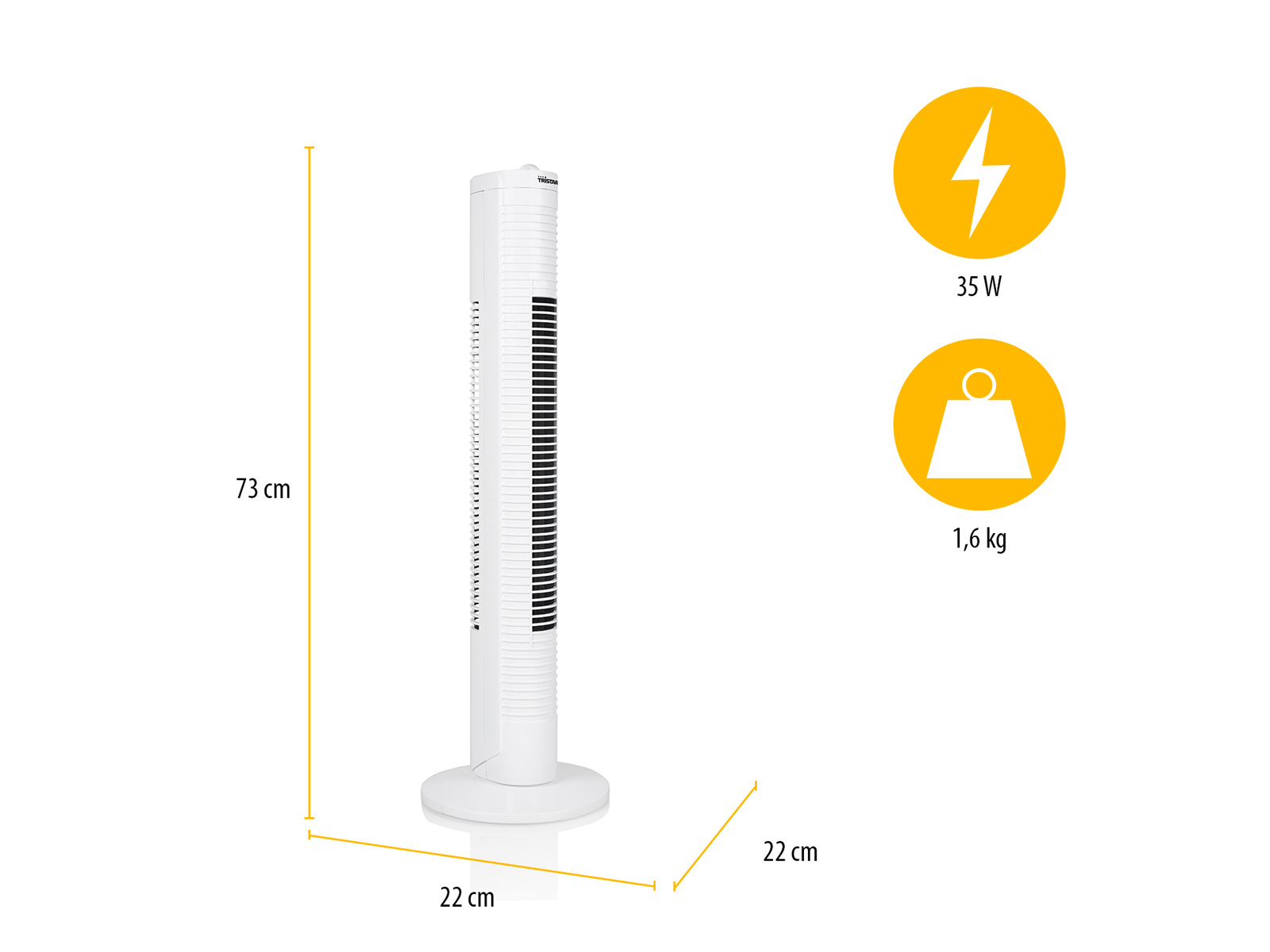 Ein weißer Turmventilator mit Spezifikationen: 35W und 1,6 kg, und Abmessungen beschriftet, auf Weiß.