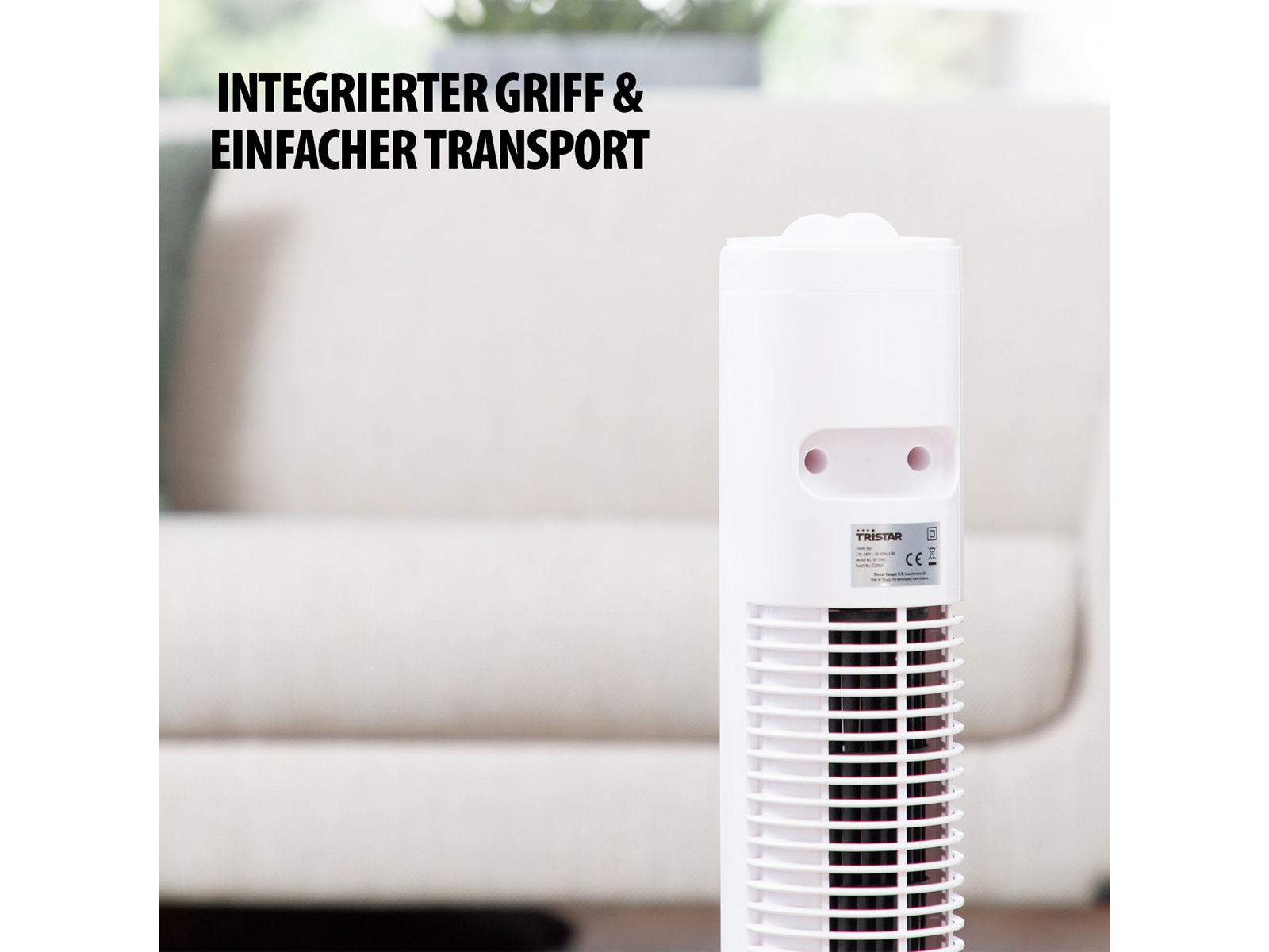 Weißer Ventilator mit roten Öffnungen, Text: INTEGR. GRIFF & EINFACHER TRANSPORT.