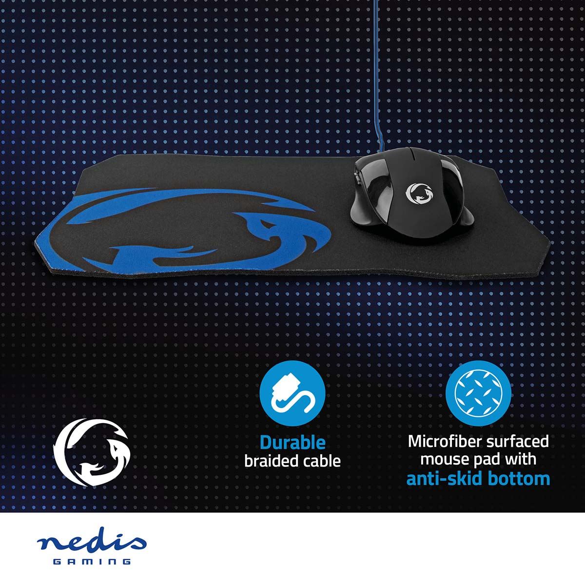 Mouse nero su tappetino con design drago blu, con icone prodotto e logo.