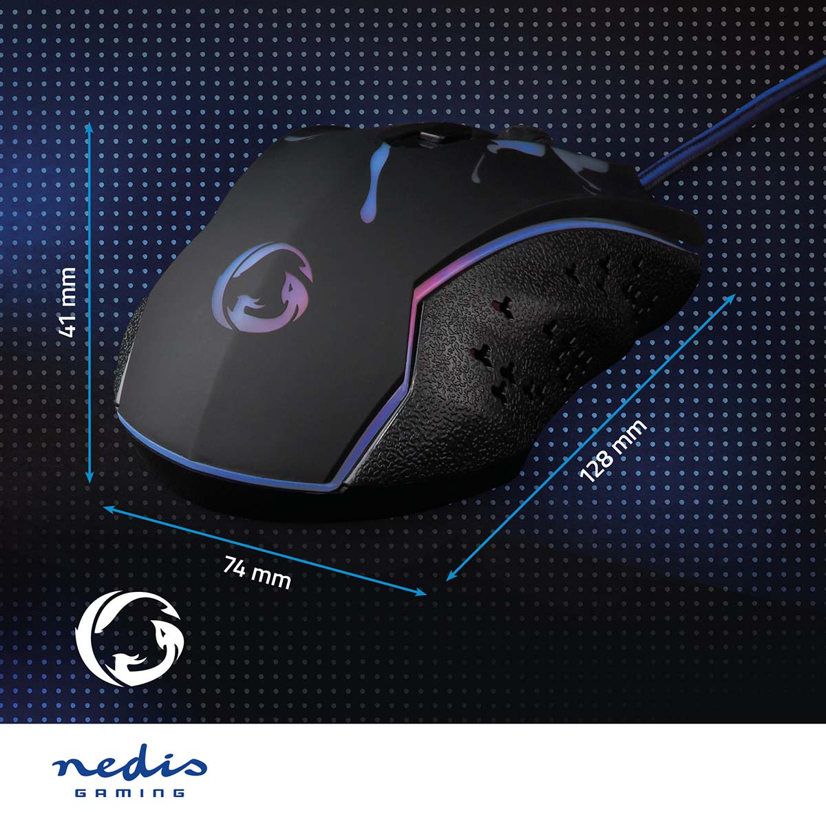 Gaming-Maus mit Maßen und beleuchtetem Logo auf blauem Hintergrund.
