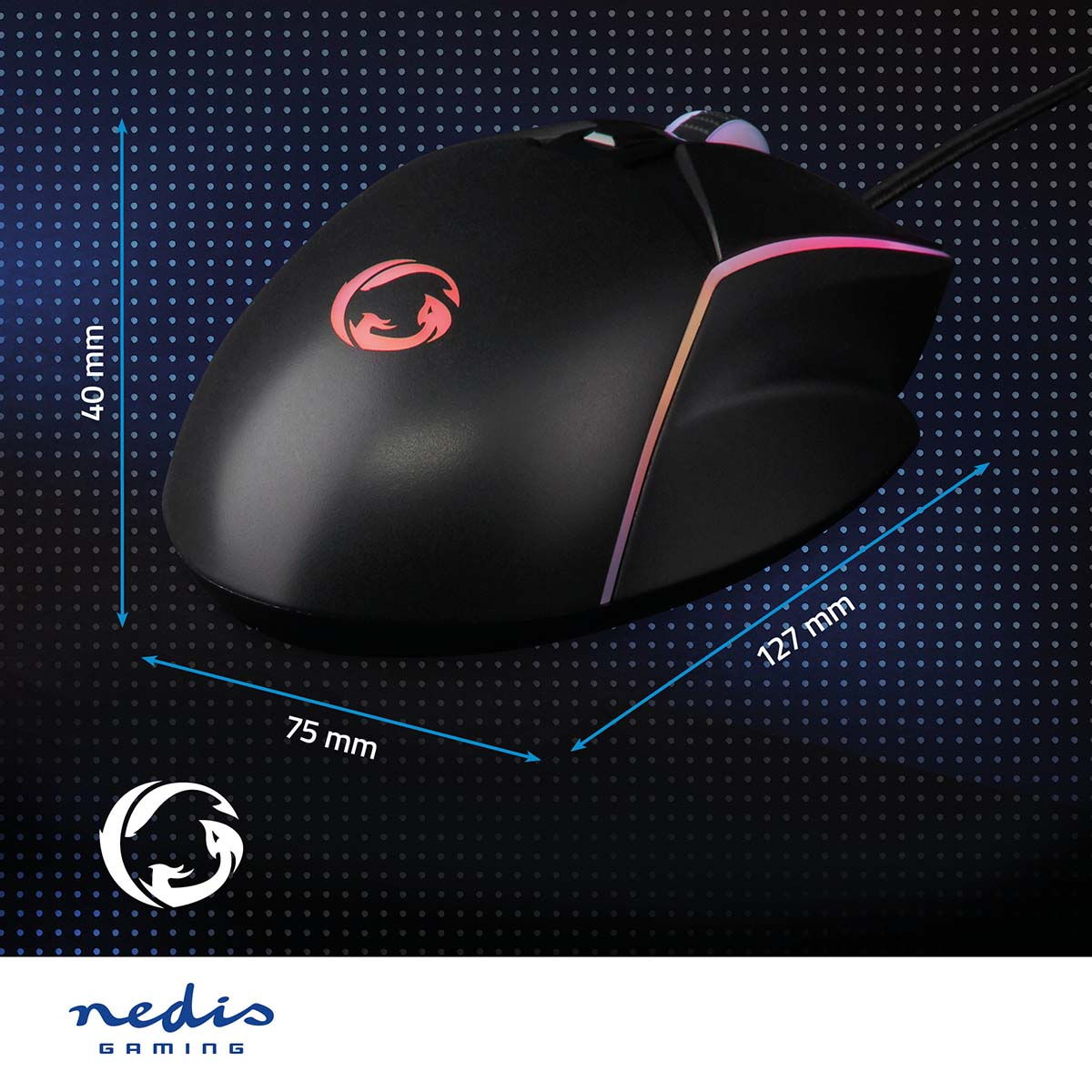 Schwarze Gaming-Maus mit Maßen und Markenlogo auf gepunkteter Oberfläche.
