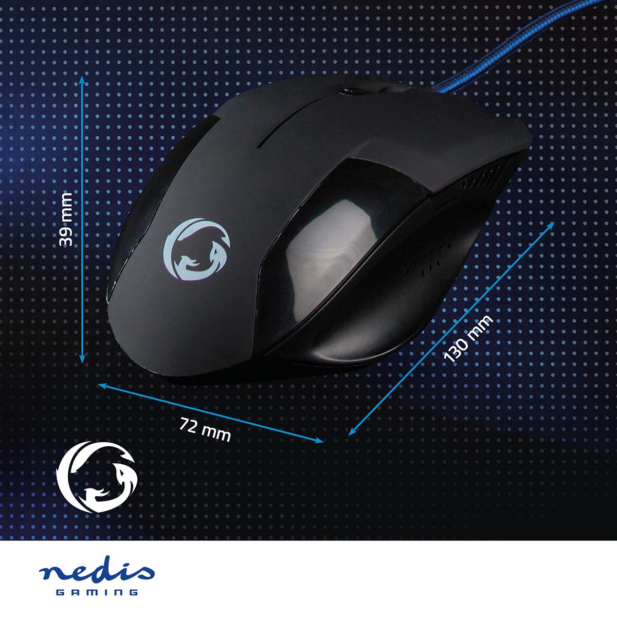 Schwarze Gaming-Maus mit Maßen und Logo auf gepunkteter blauer Oberfläche, mit der Marke nedis.