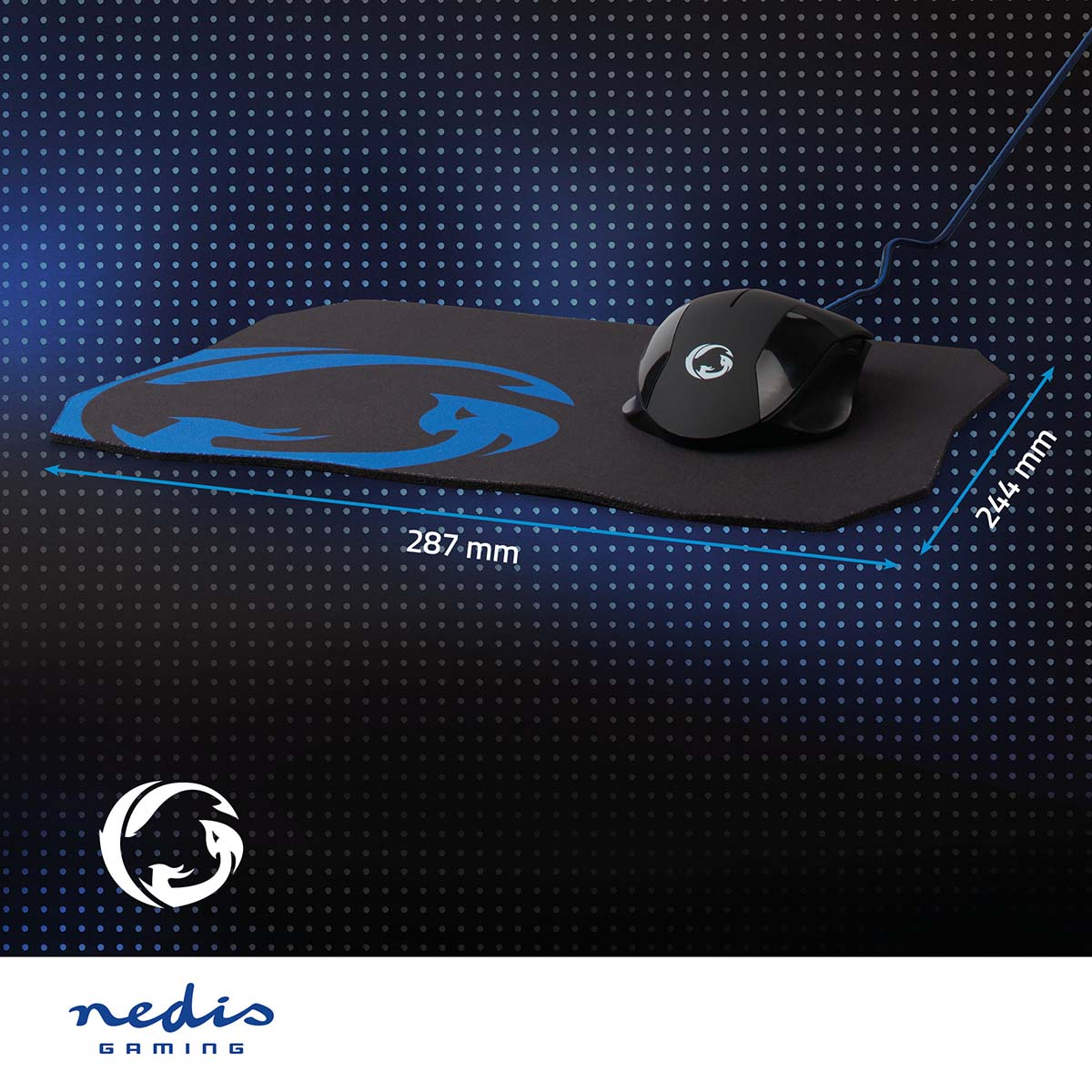 Mouse e tappetino gaming. Mouse nero, tappetino nero con design blu.