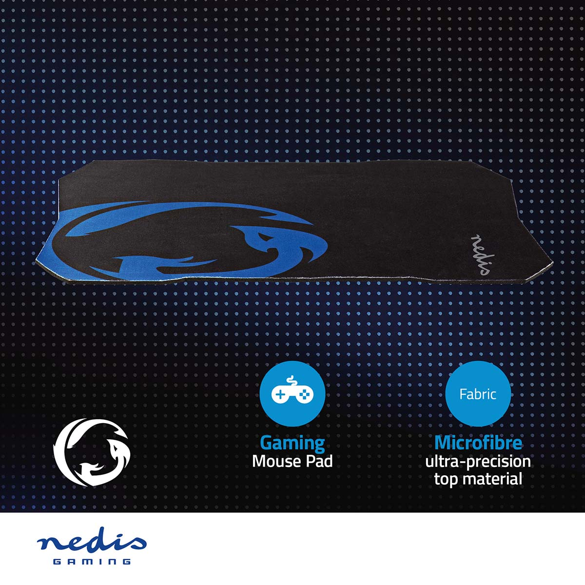 Gaming muismat met zwart en blauw ontwerp, met game-symbolen.