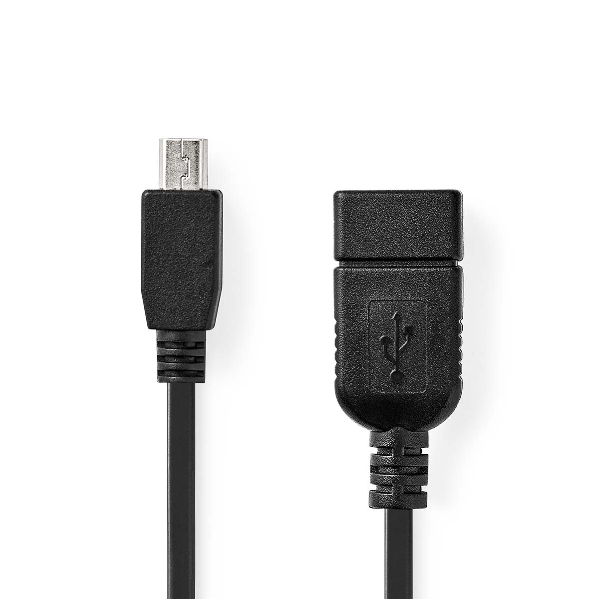 Schwarzes USB-Kabel mit einem USB-A- und einem Micro-USB-Anschluss, vor weißem Hintergrund.