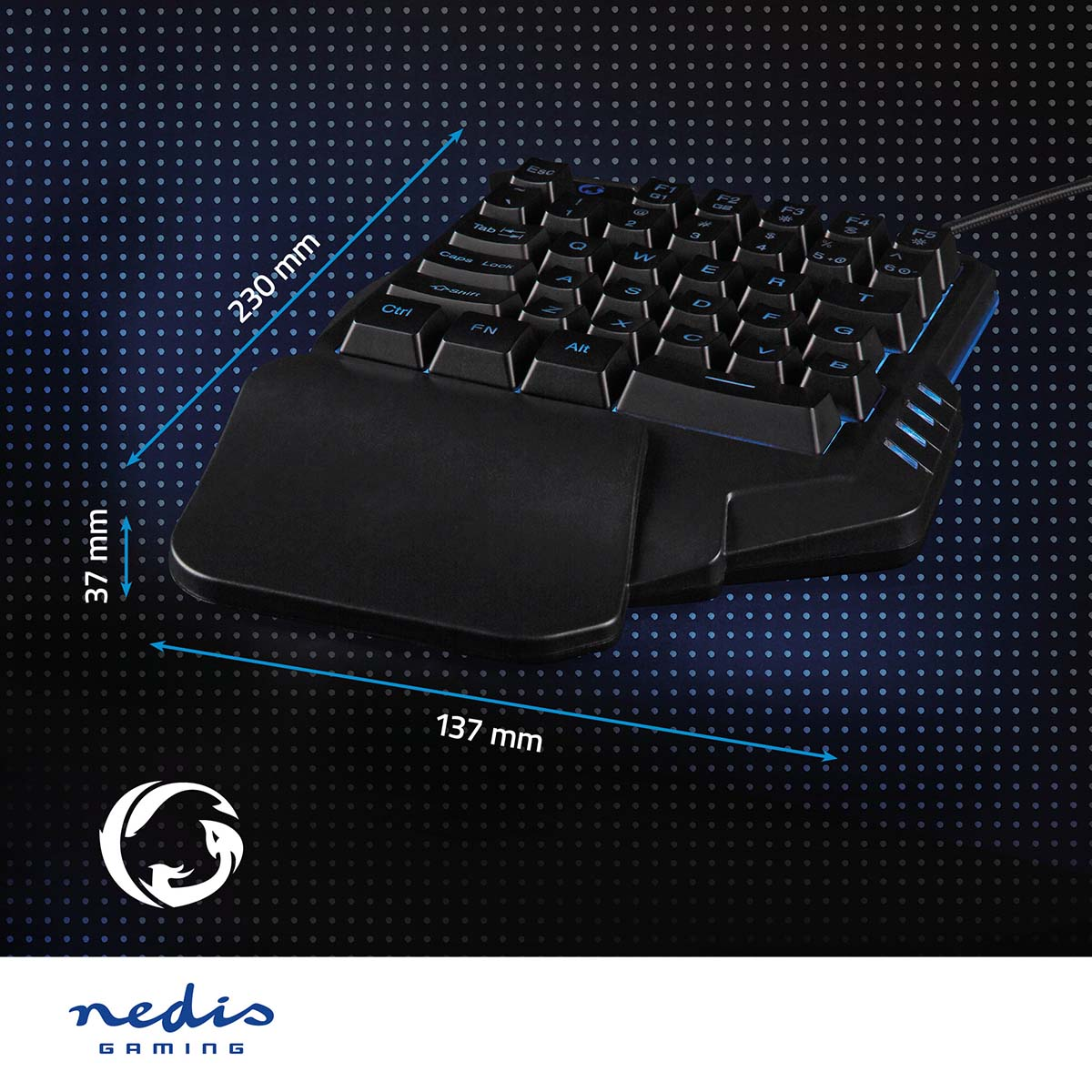 Gaming-Tastatur mit Maßen. Ergonomisches Design, schwarz, mit blau beleuchteten Tasten. 137x230x37 mm.