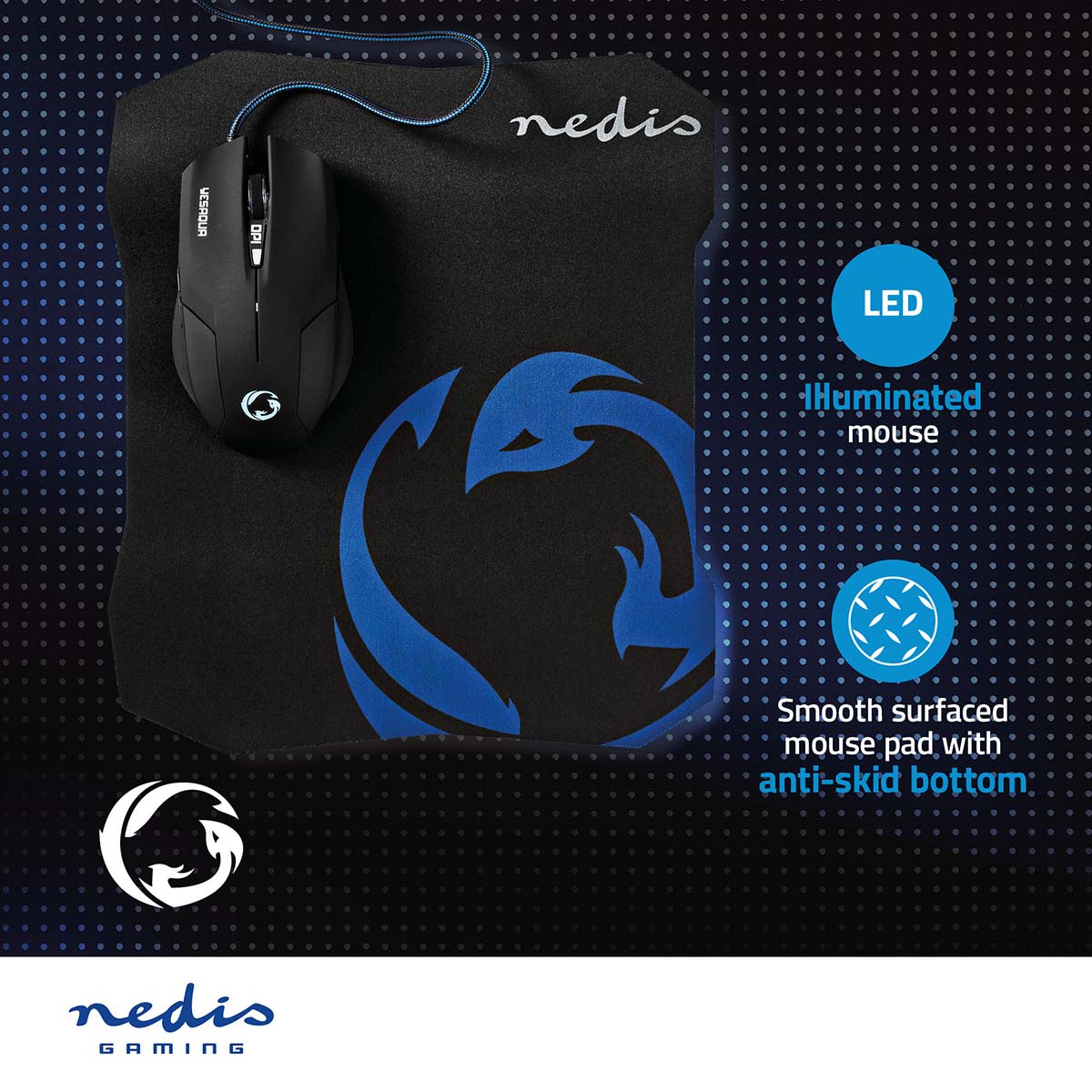 Schwarze Gaming-Maus und Mauspad mit blauen Designelementen.