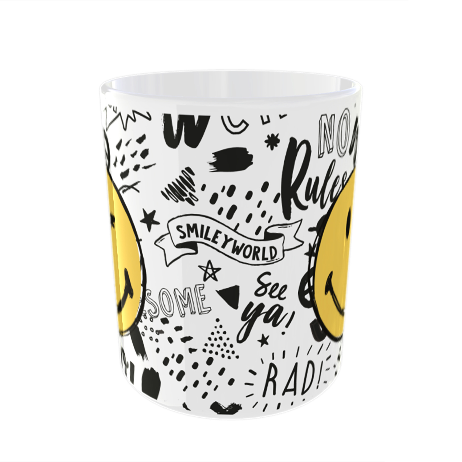 Weiße Tasse mit Smiley-Gesichtern und Text in Schwarz, mit abstrakten Formen.