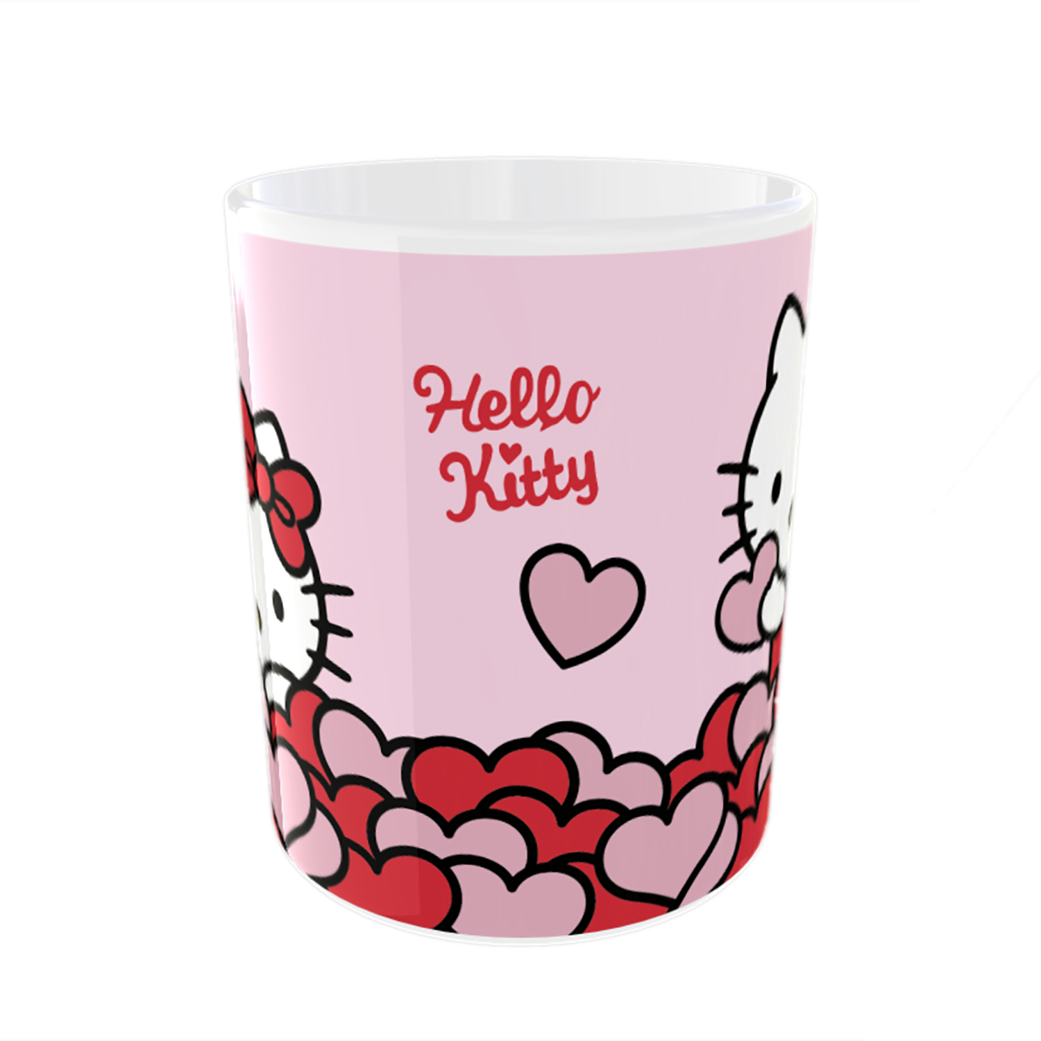 Hello Kitty-Tasse. Rosa Hintergrund mit Herzen und Hello Kitty-Gesichtern. Rote Schleife, Herz.