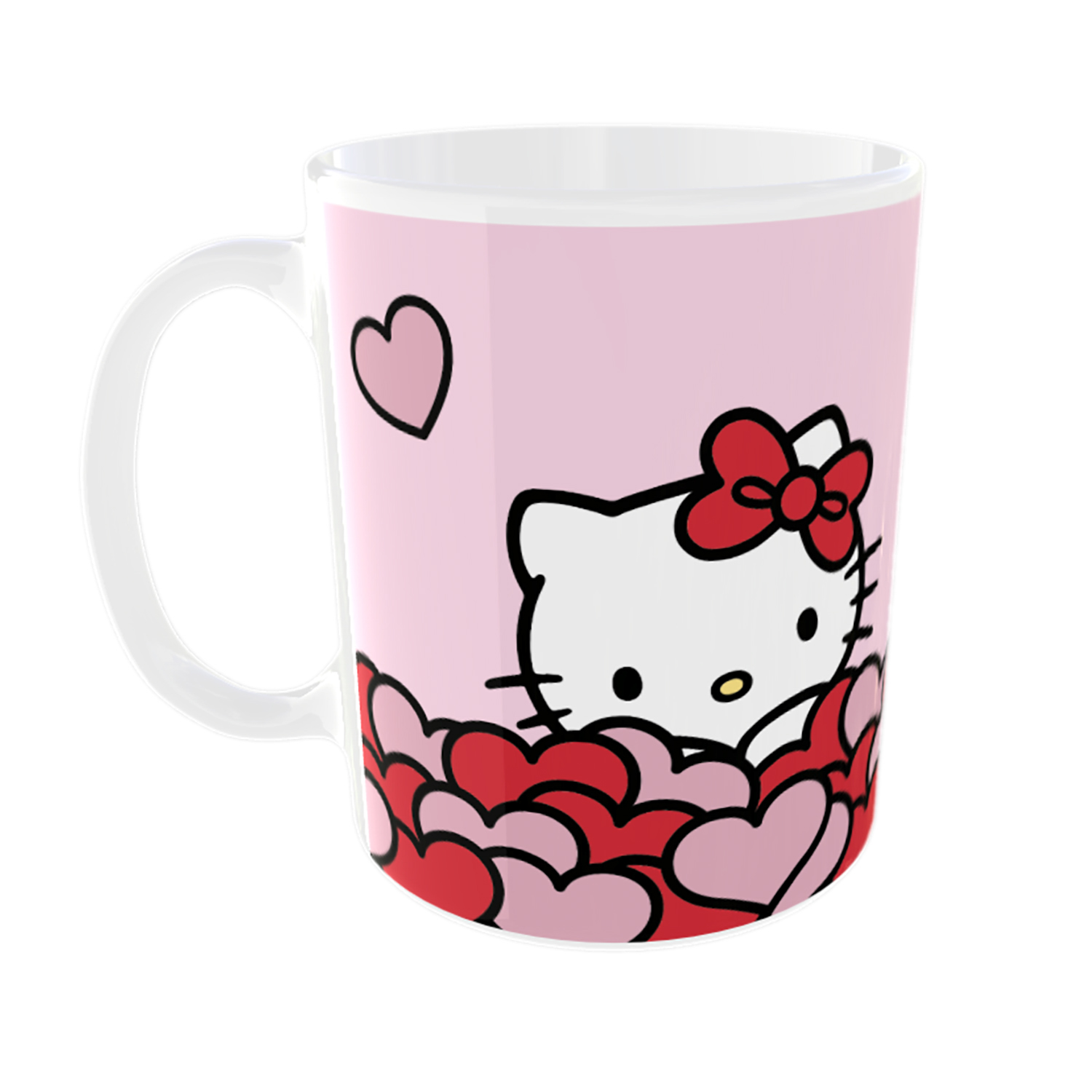Hello Kitty Tasse mit rosa Hintergrund, Herzen und roter Schleife.
