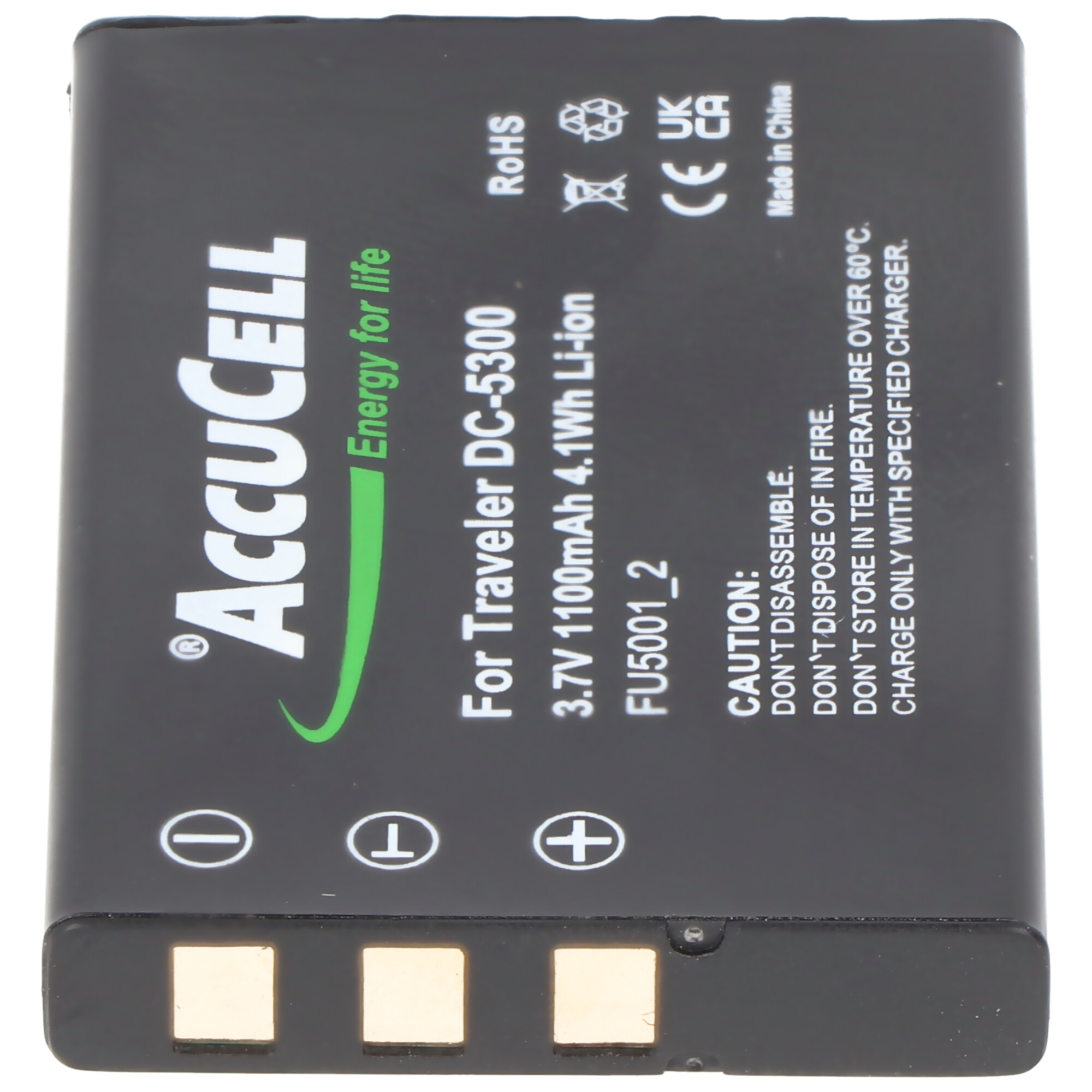Eine schwarze Accucell-Batterie mit Text und Symbolen. Sie ist für einen Traveler DC-5300.
