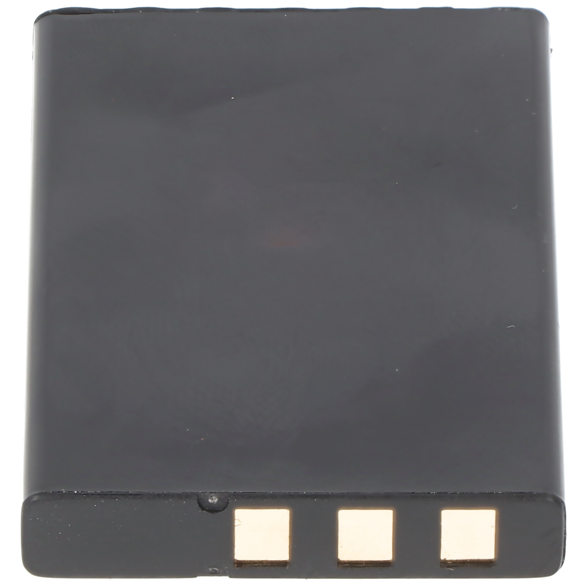 Eine schwarze Batterie mit drei goldfarbenen Anschlusspunkten auf weißem Hintergrund.