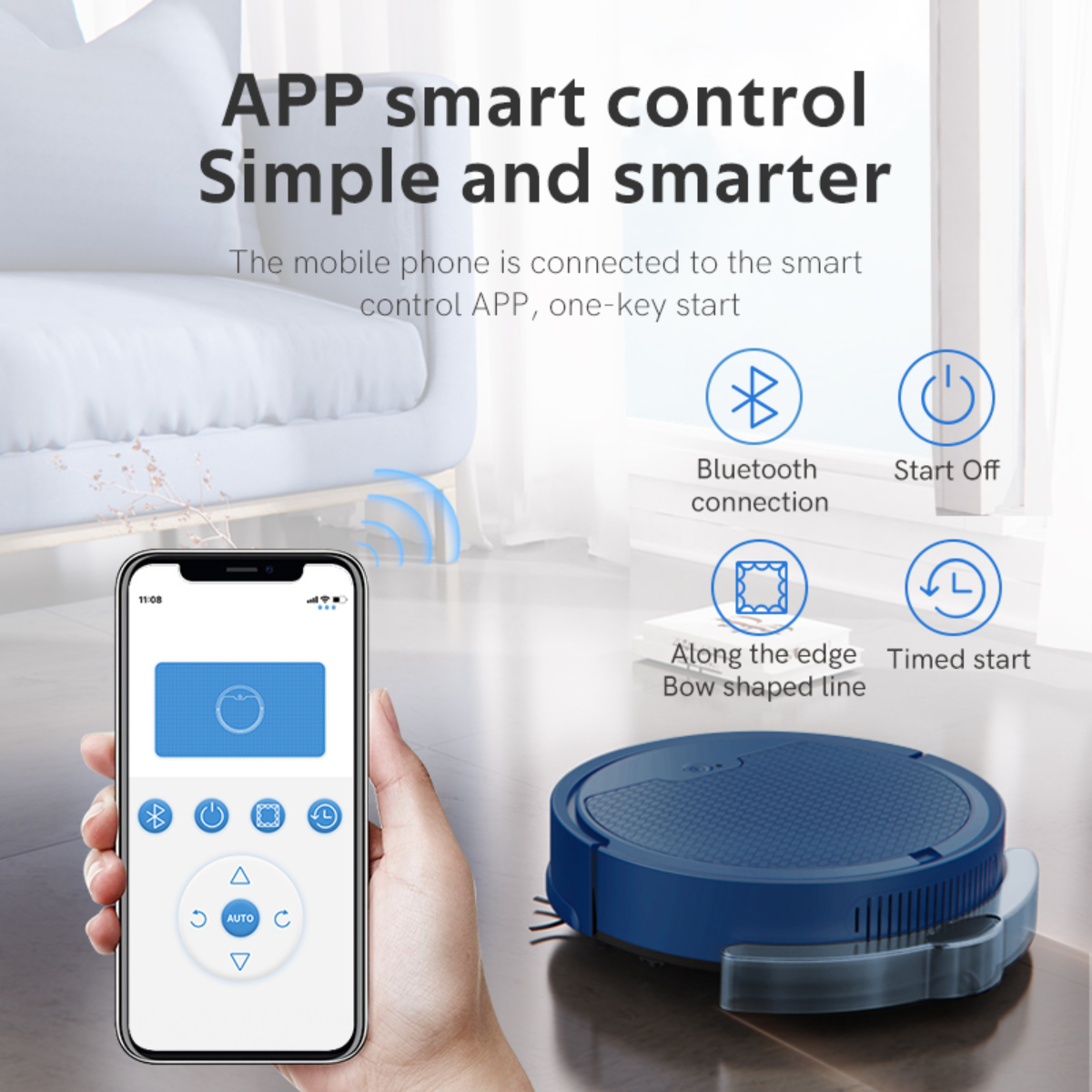Una aspiradora robot con una pantalla de teléfono móvil que muestra opciones de control.