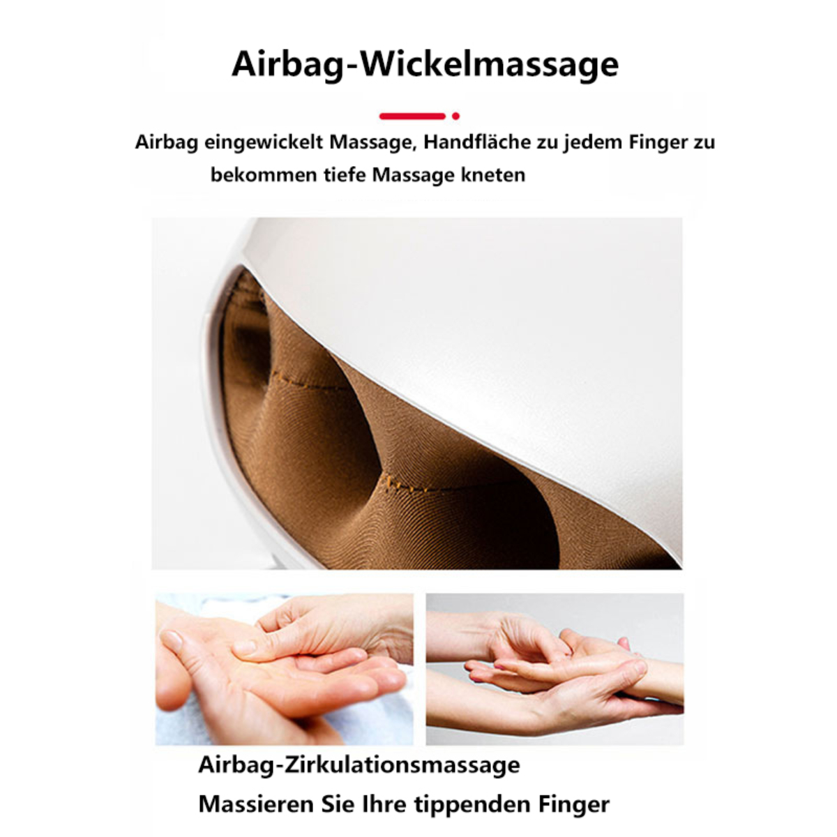 Primer plano de un dispositivo de masaje de manos. Se muestran dos manos recibiendo un masaje. Texto: Airbag-Wickelmassage.