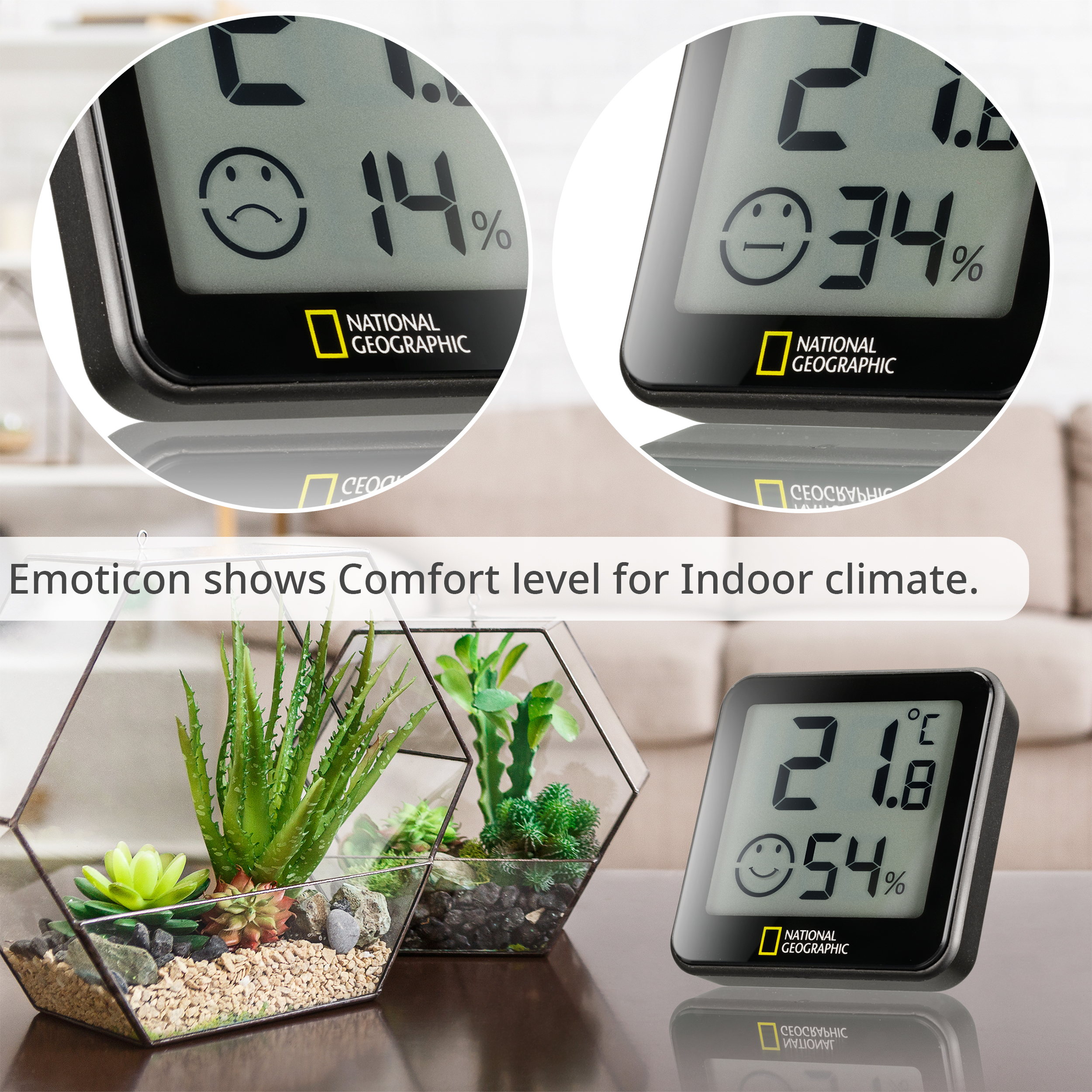 Zwei Nahaufnahmen eines schwarzen Thermometers mit Emoticons.