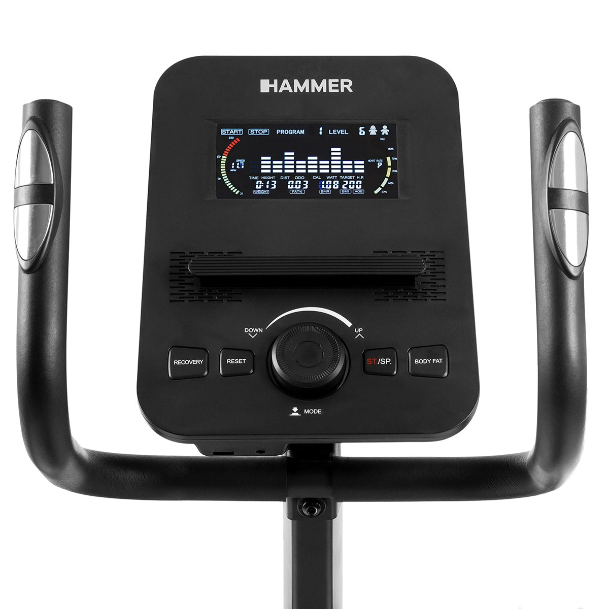 Ergometer-Bedienfeld. Digitalanzeige mit Daten und Tasten.