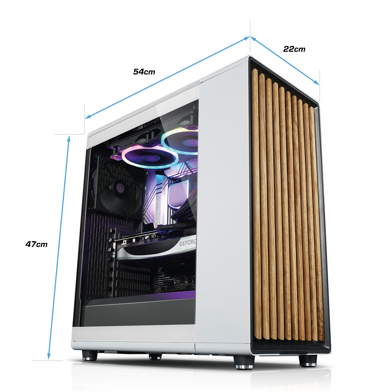 Een witte computerkast met een houten paneel, met afmetingen en een weergave van interne componenten.