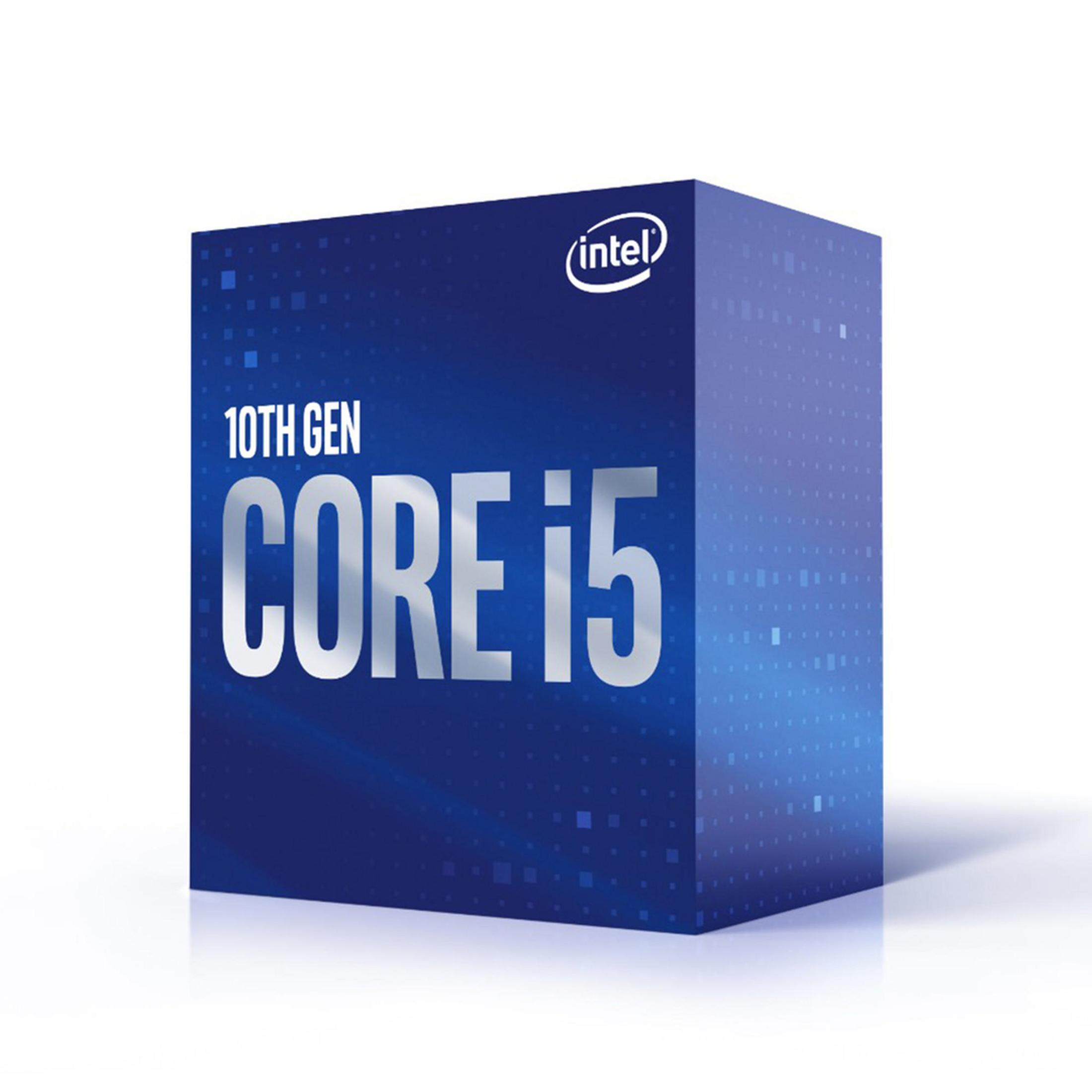 Niebieskie pudełko z logo Intel Core i5. Białe tło.
