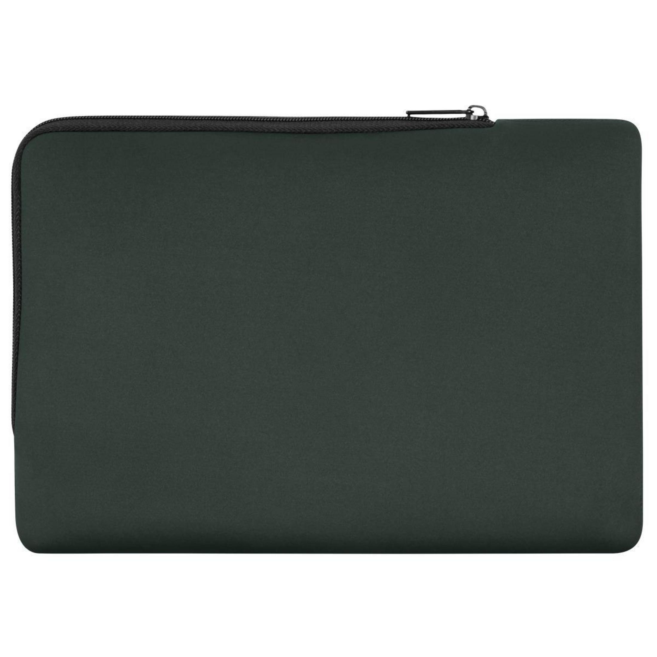Custodia per laptop verde scuro. Forma rettangolare, cerniera nera. Design semplice, aspetto elegante.