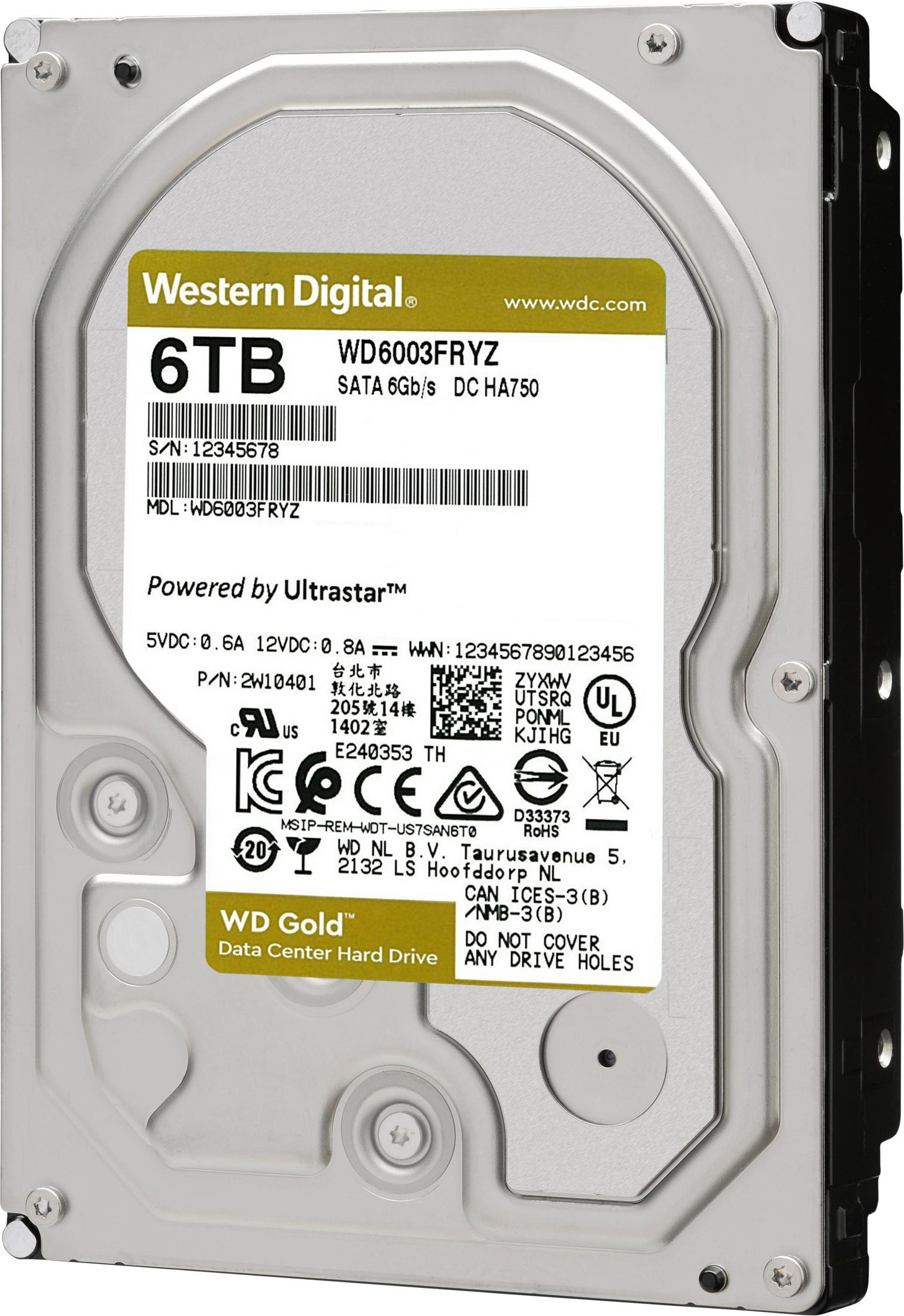 Western Digital 6TB Festplatte. Etikett zeigt Spezifikationen. Grau und schwarz, auf weißem Hintergrund.