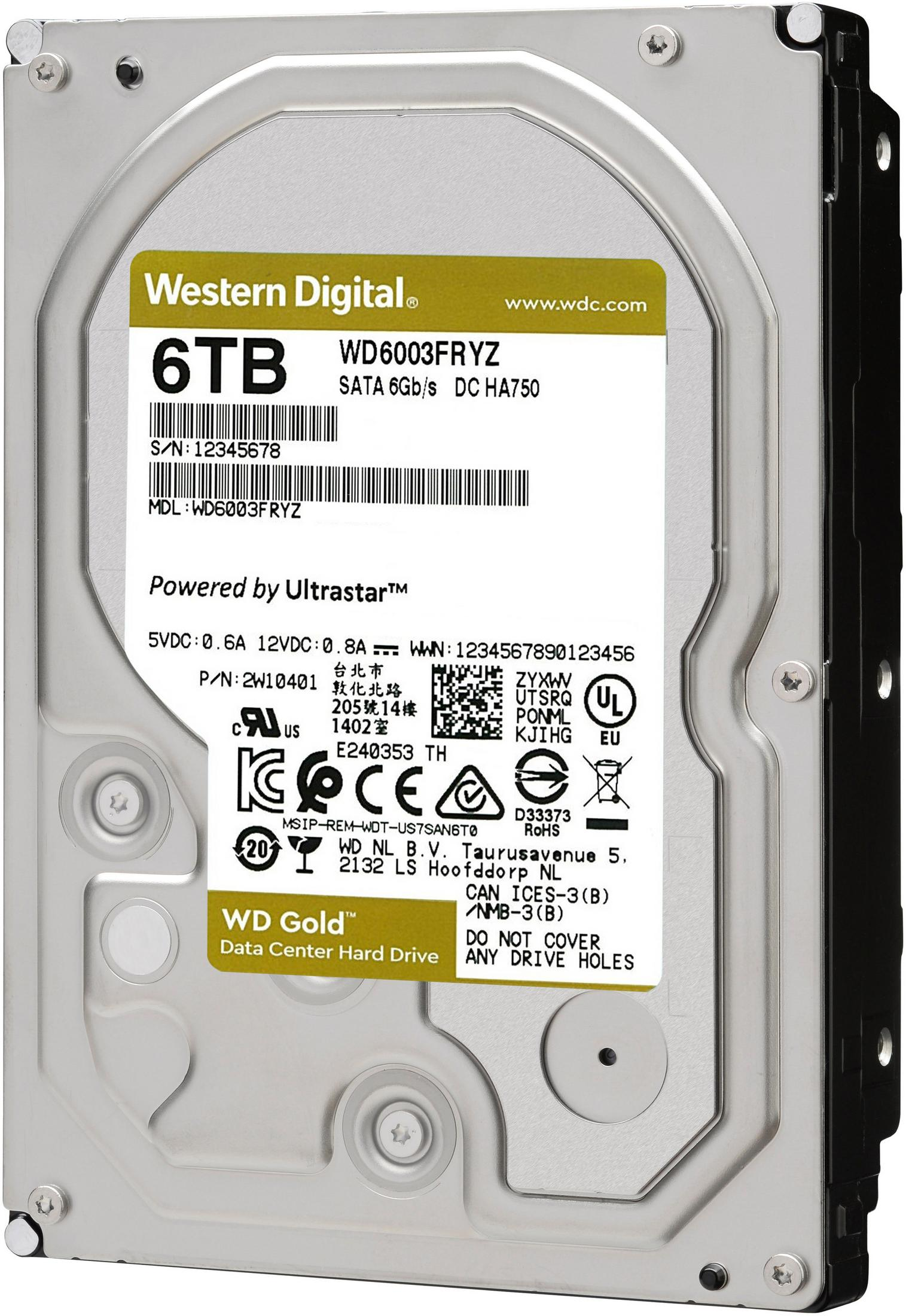 Eine Western Digital 6TB Festplatte mit gelbem Etikett.