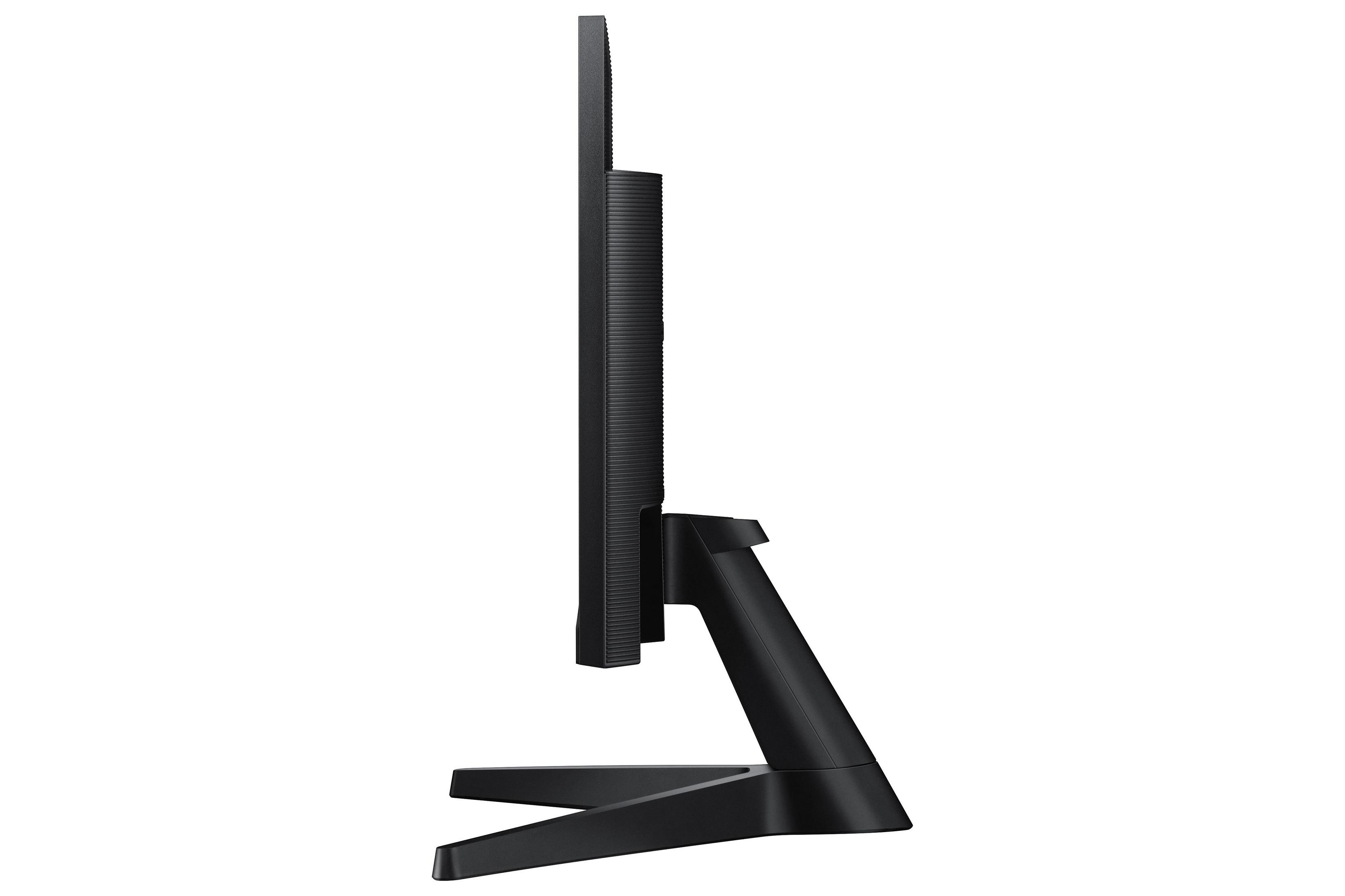 Profilo laterale di un monitor nero con supporto nero su sfondo bianco.