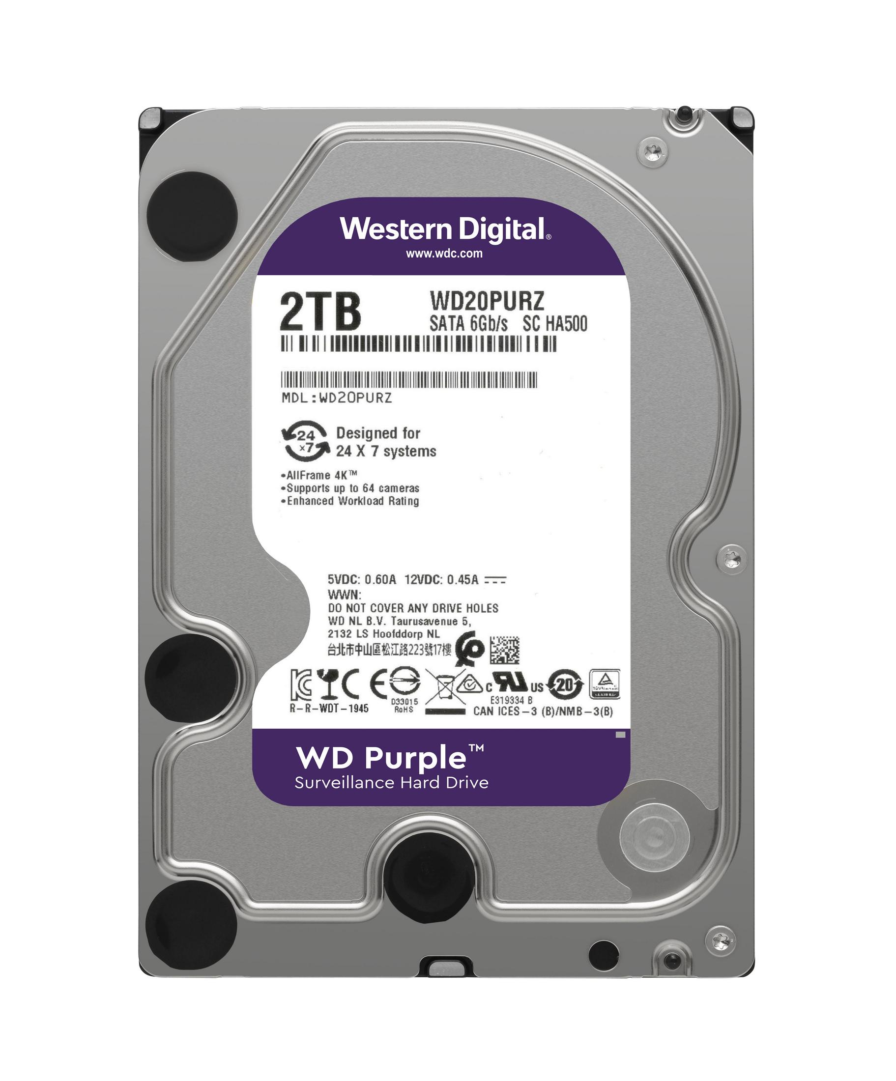 Western Digital Purple 2TB harde schijf, SATA, voor bewakingssystemen.