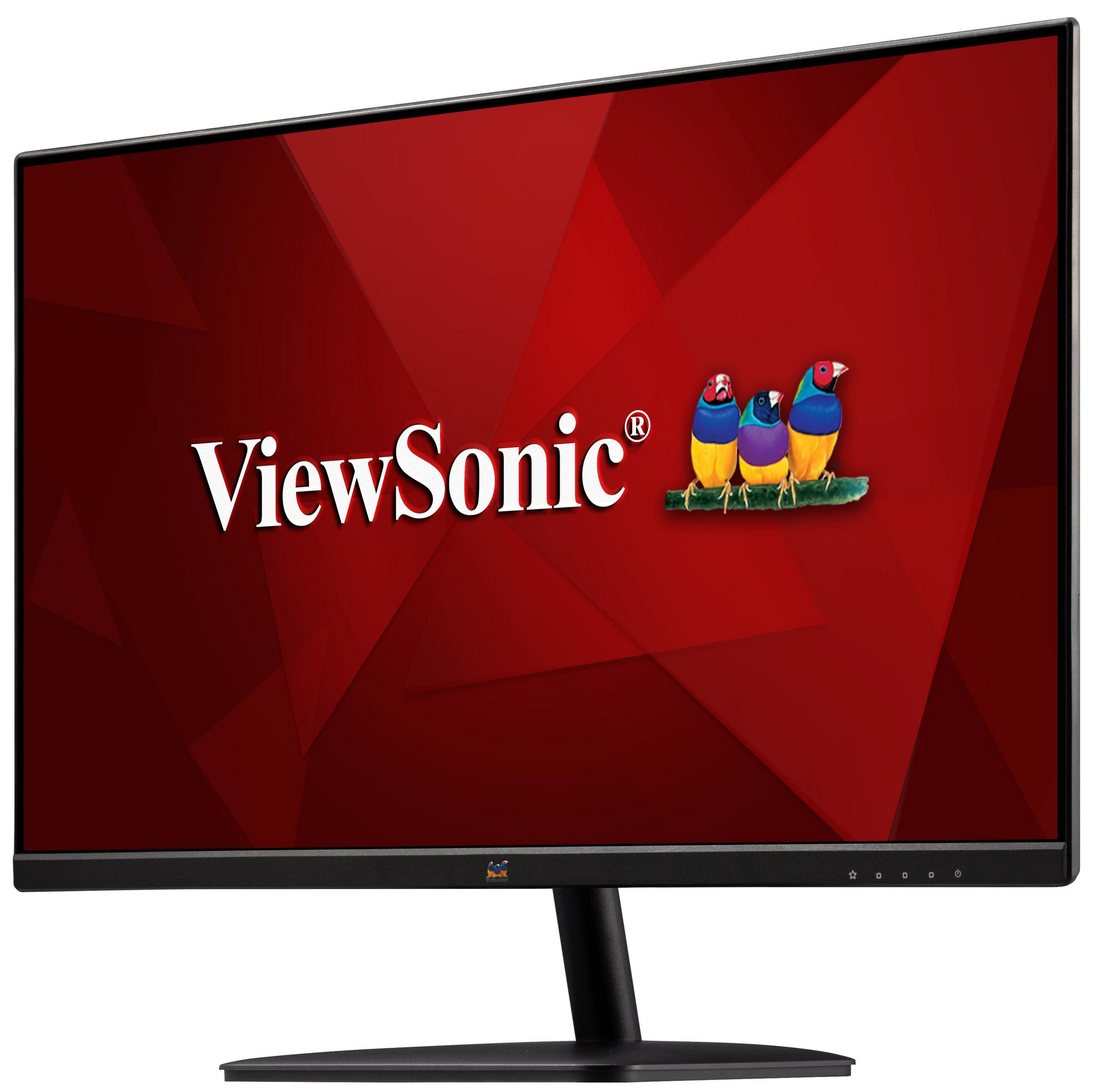 Computerbildschirm mit rotem Hintergrund, ViewSonic-Logo und Vogelillustration.