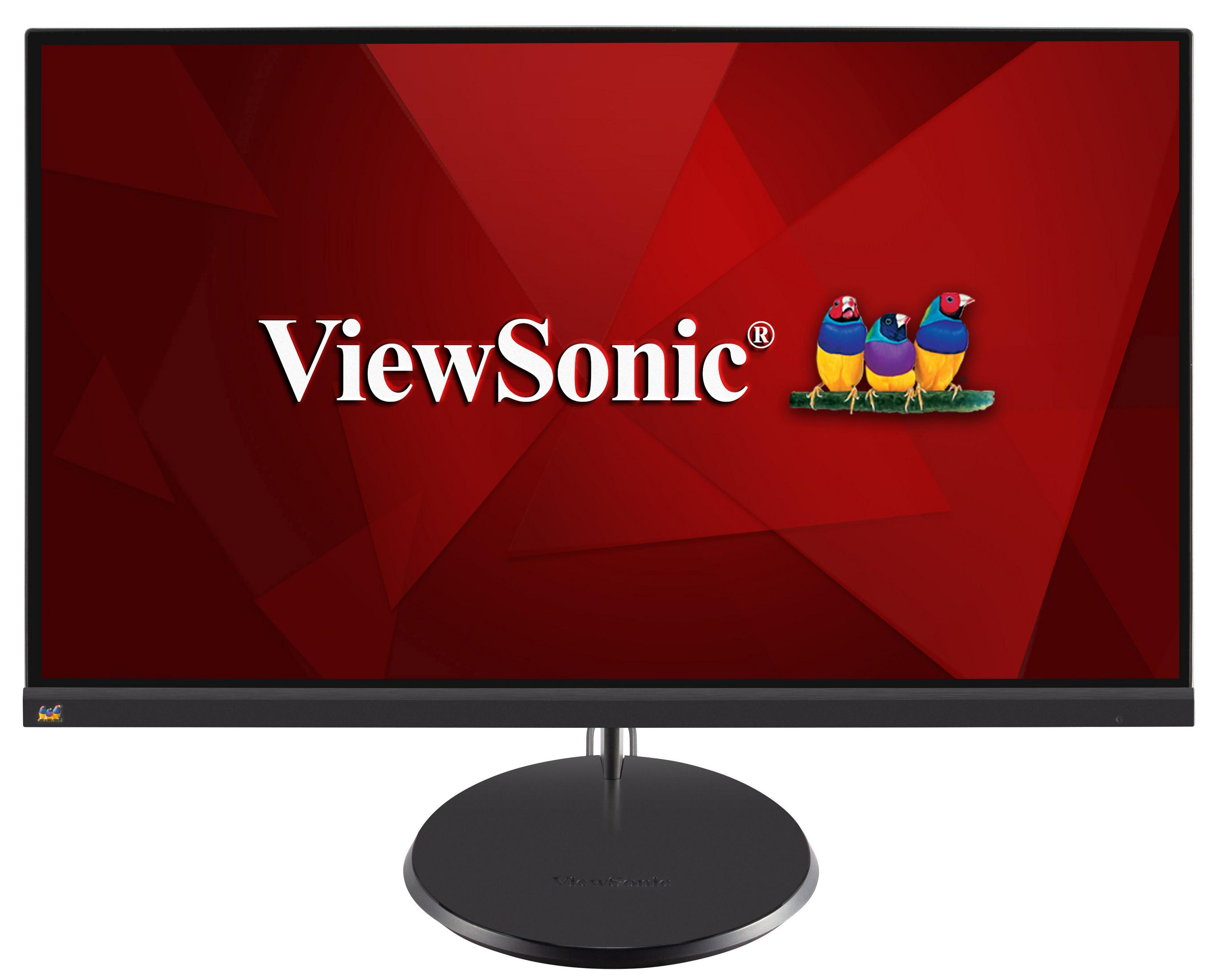 Monitor ViewSonic con sfondo rosso e logo aziendale.