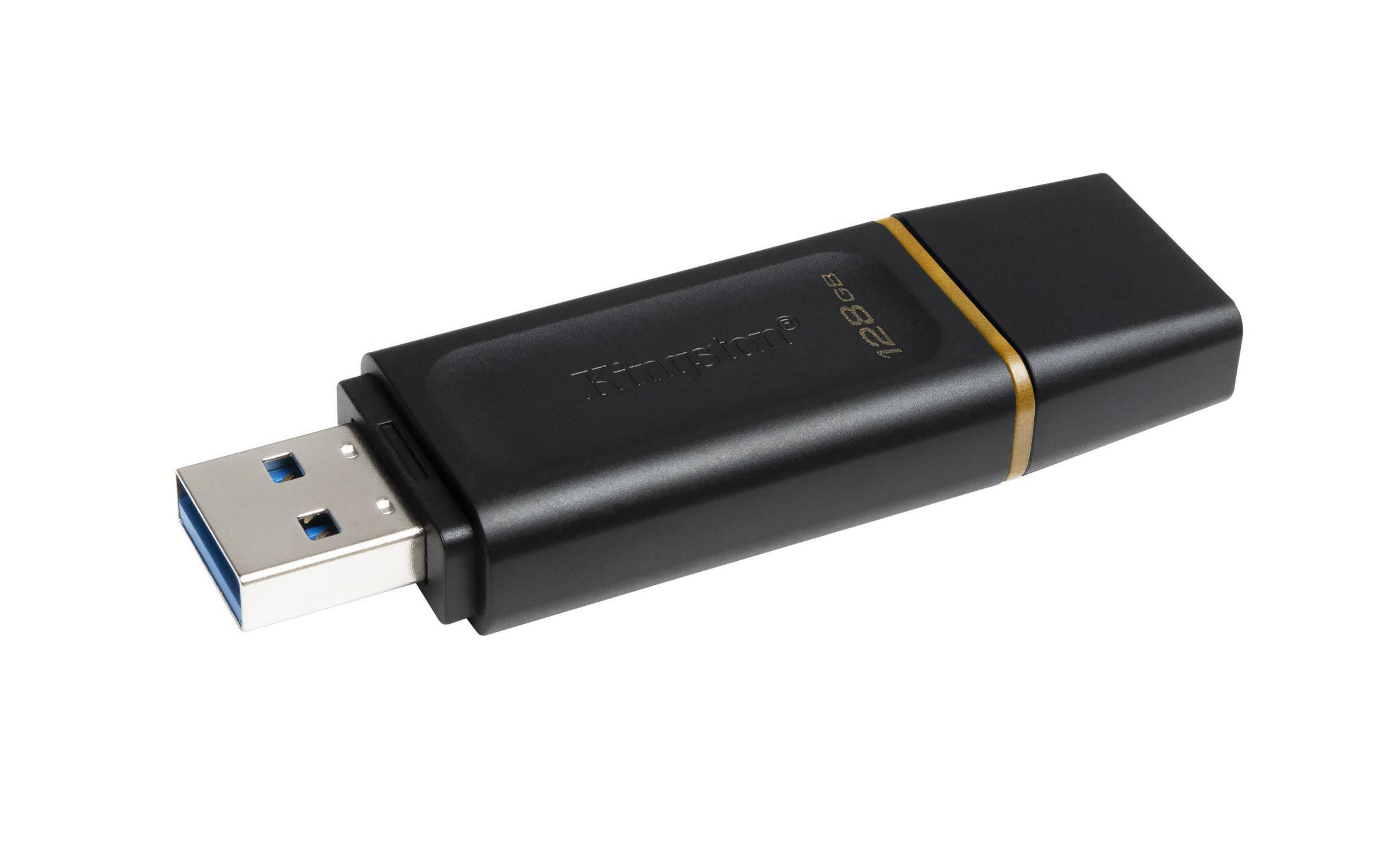 Czarna pamięć flash USB ze złotym akcentem i napisem "128GB". Na białym tle.