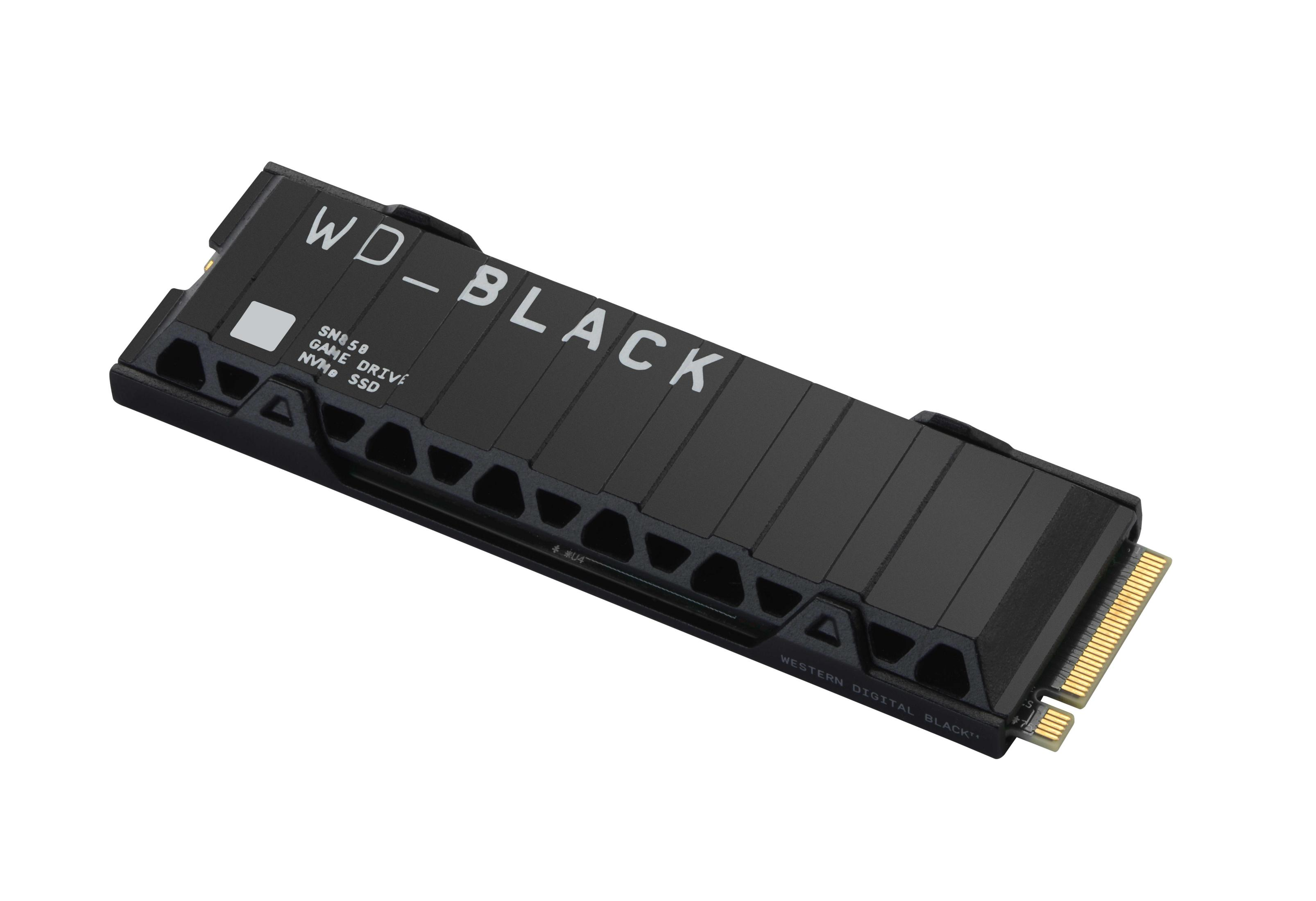Un SSD NVMe WD_BLACK SN850 nero, che mostra i dettagli del design su sfondo bianco.