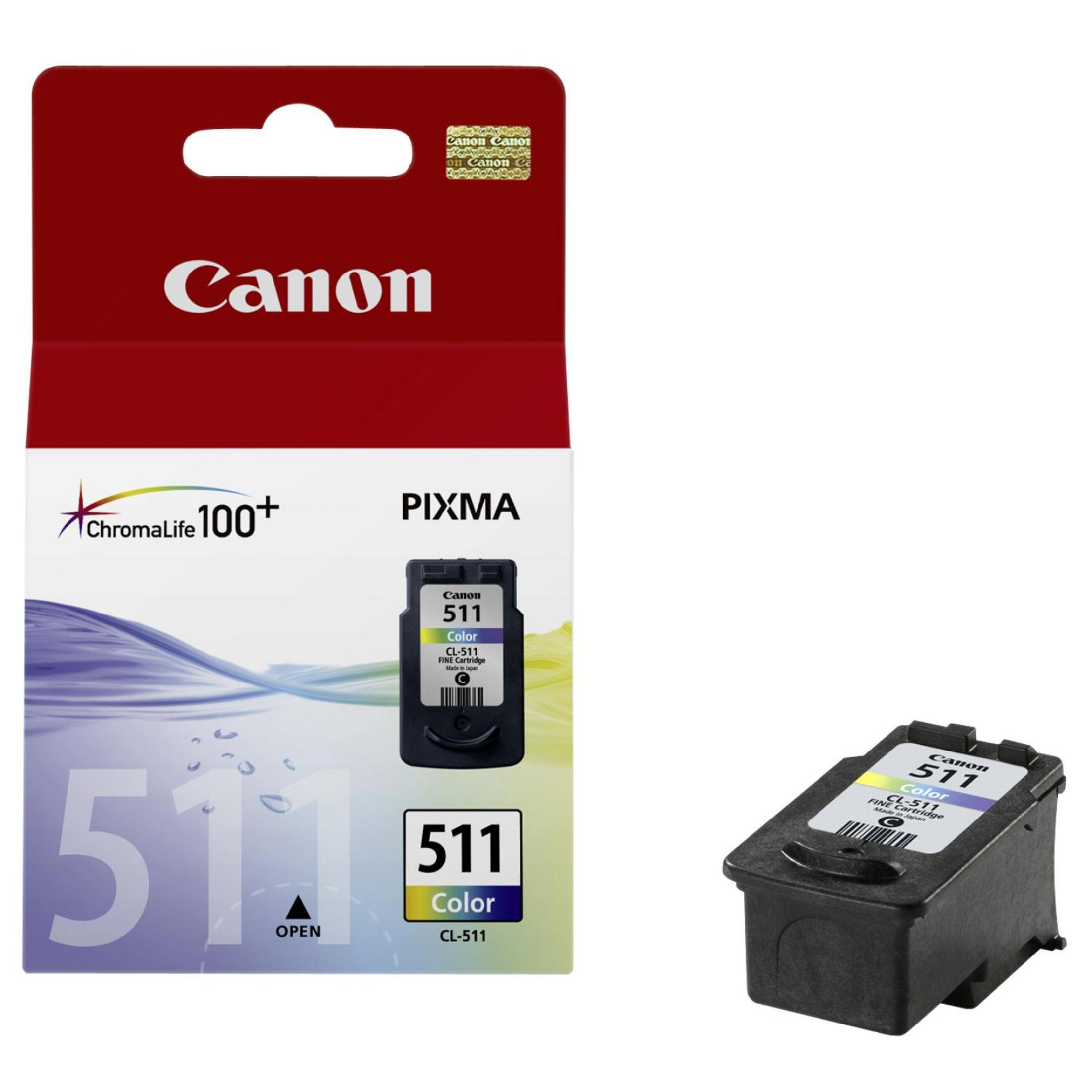 Canon inktcartridge verpakking en een cartridge. De verpakking is rood en zwart.