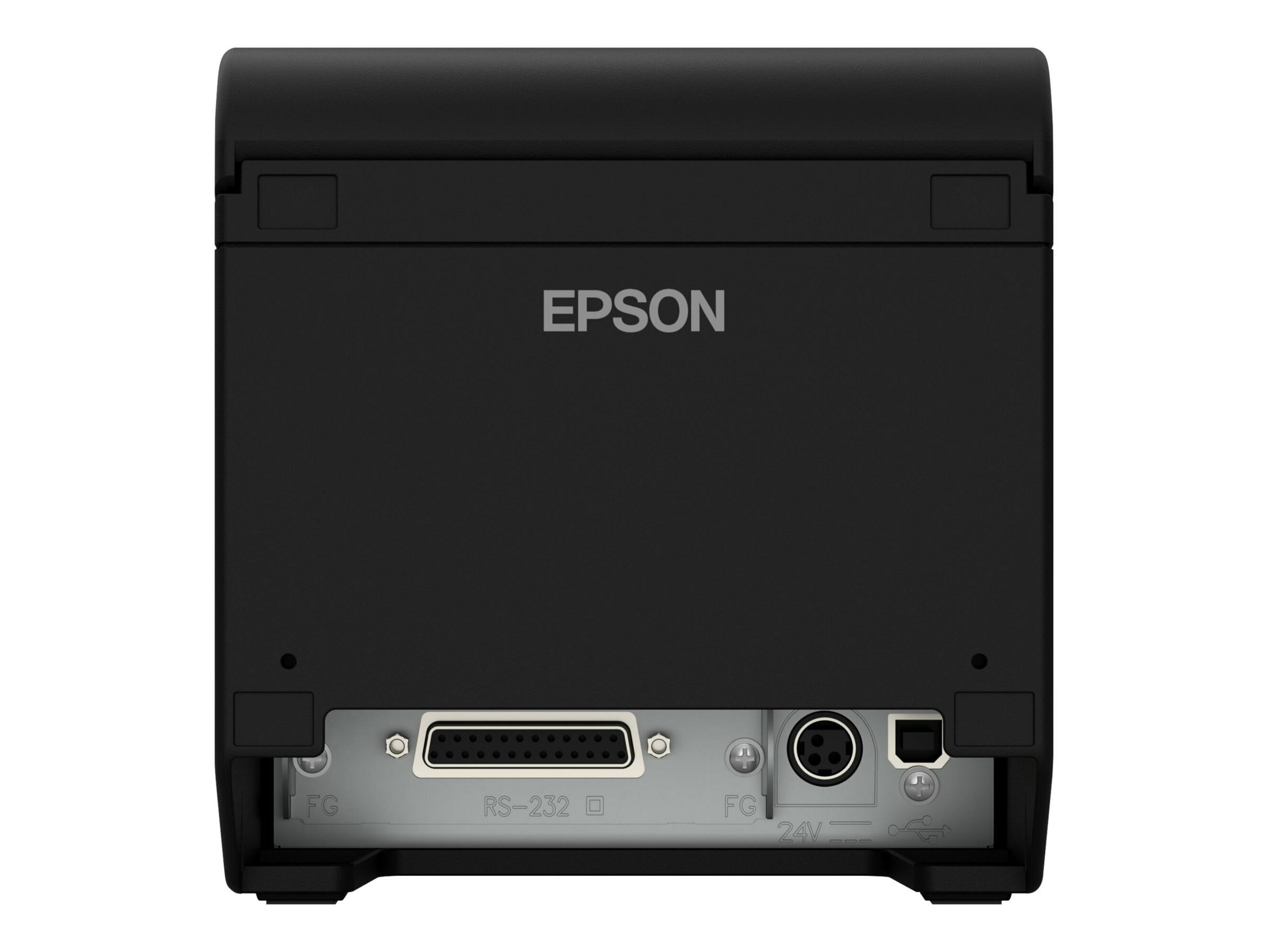 Rückseite eines schwarzen Epson-Druckers. Er hat Anschlüsse für RS-232 und 24V. Der Markenname EPSON ist aufgedruckt.