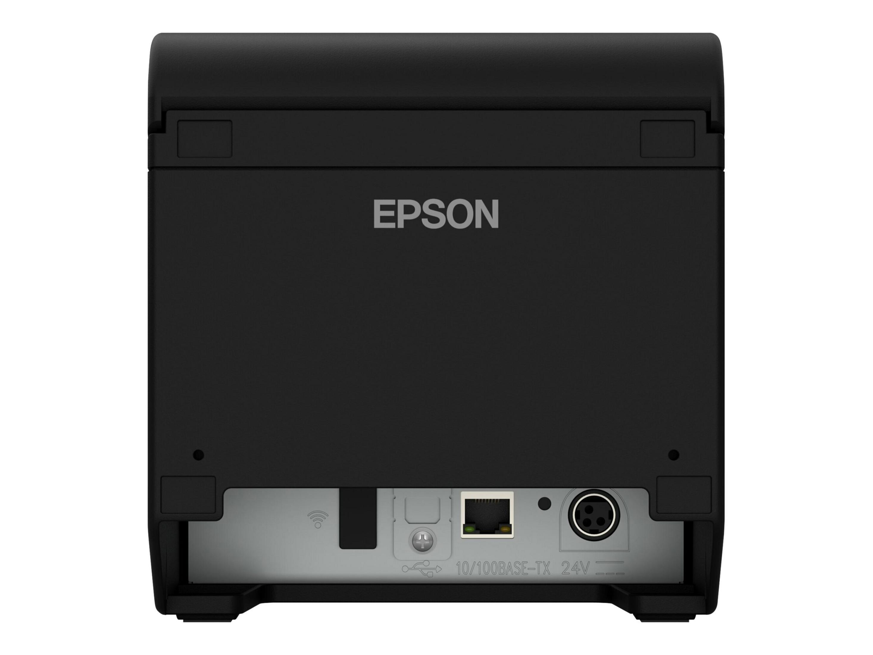 Schwarzer Epson-Thermodrucker, Rückansicht. Epson-Logo sichtbar. Auf weißem Hintergrund.