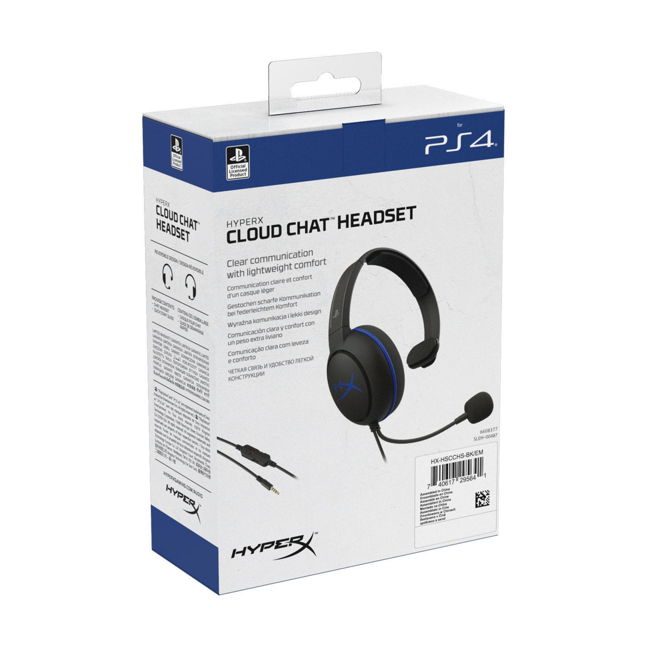 Czarno-niebieski zestaw słuchawkowy w pudełku z tekstem: HyperX Cloud Chat Headset dla PS4.