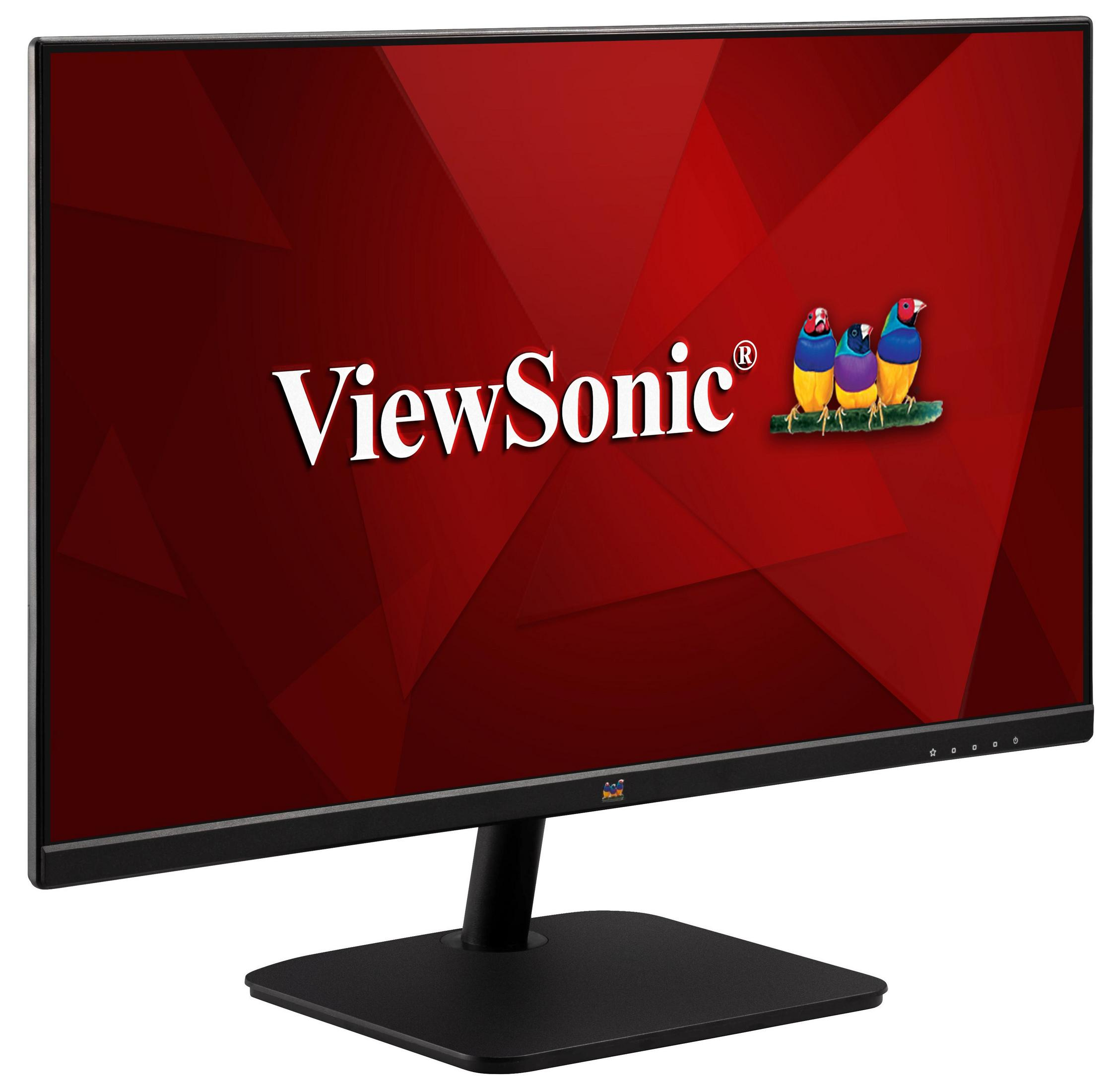Ein ViewSonic-Monitor auf einem schwarzen Ständer, mit rotem Hintergrund und dem Firmenlogo.