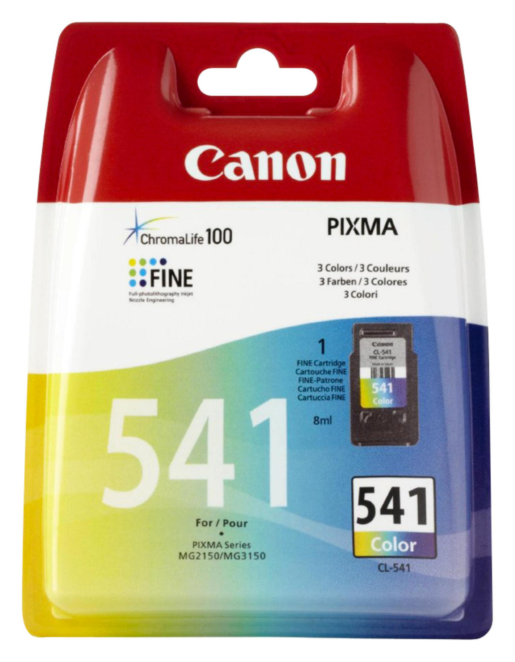 Emballage de cartouche d'encre couleur Canon 541. Schéma de couleurs jaune, rouge et bleu avec détails du produit visibles.