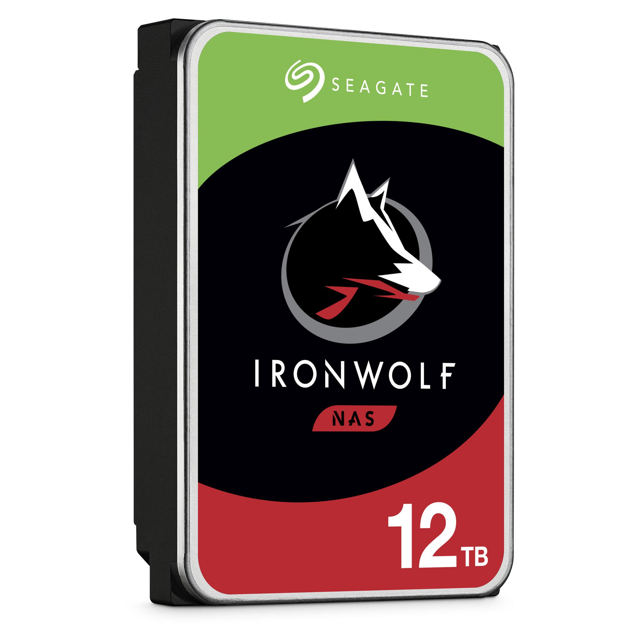 Dysk twardy Seagate IronWolf NAS z zielono-czerwonym schematem kolorów.