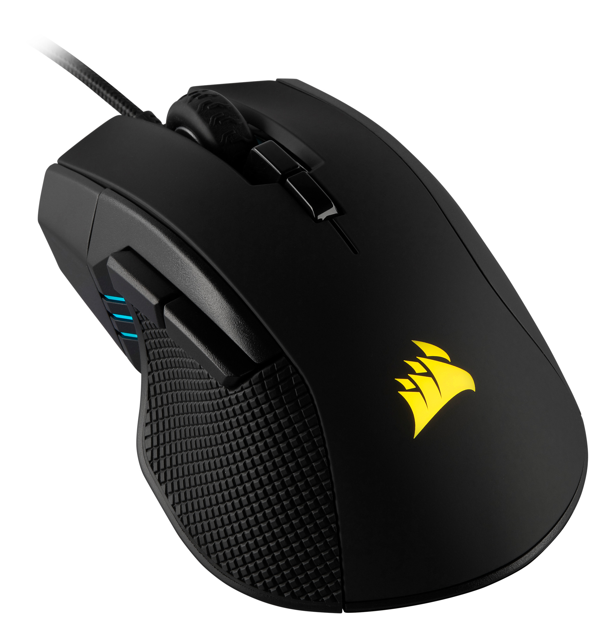 Ratón de ordenador negro con logo amarillo. Primer plano, vista en ángulo.