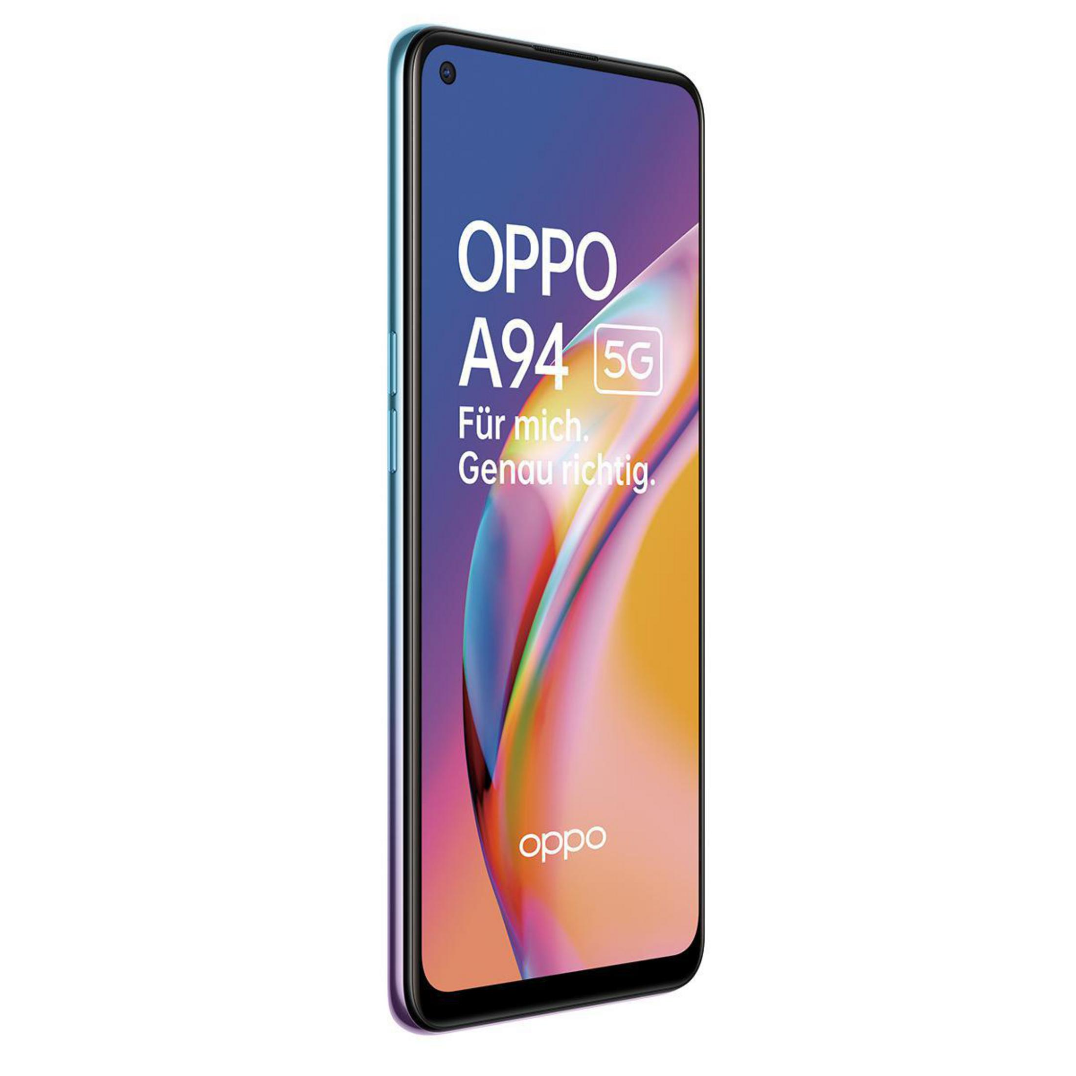 Schwarzes Smartphone mit OPPO A94 5G, mit farbigem Gradienten an der Seite.