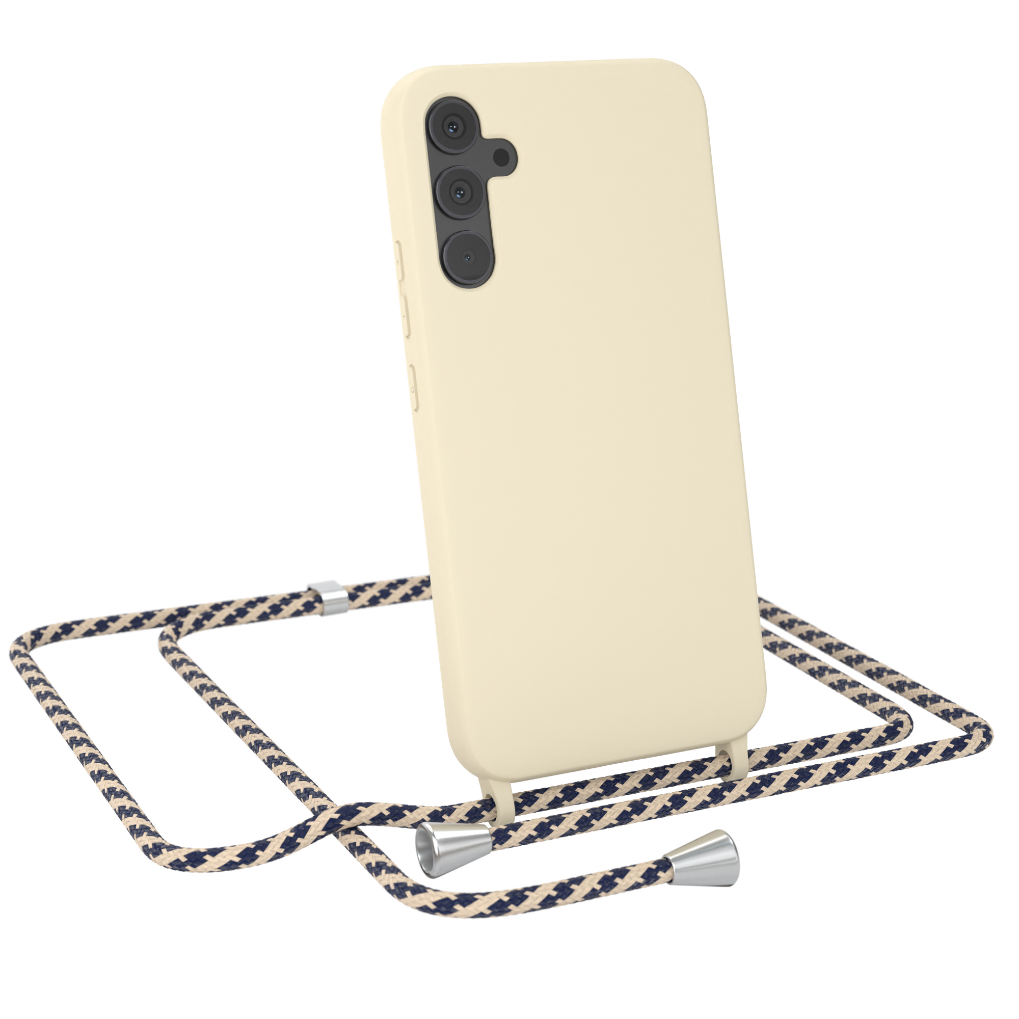 Beige Handyhülle mit einem Seilriemen. Die Hülle hat drei Kameralinsen.