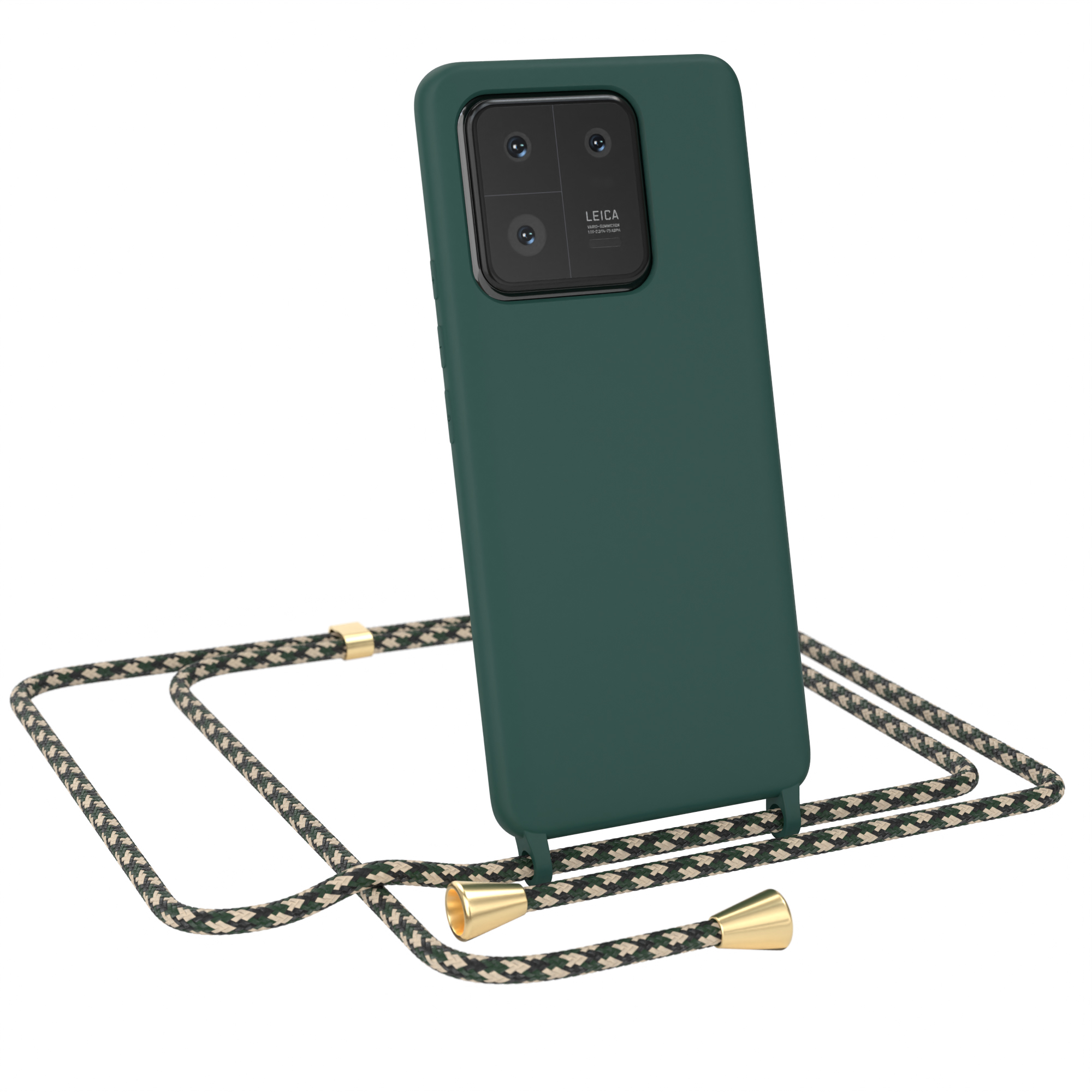 Eine grüne Handyhülle mit schwarzem Riemen. Die Handyhülle befindet sich auf einem grünen Telefon.