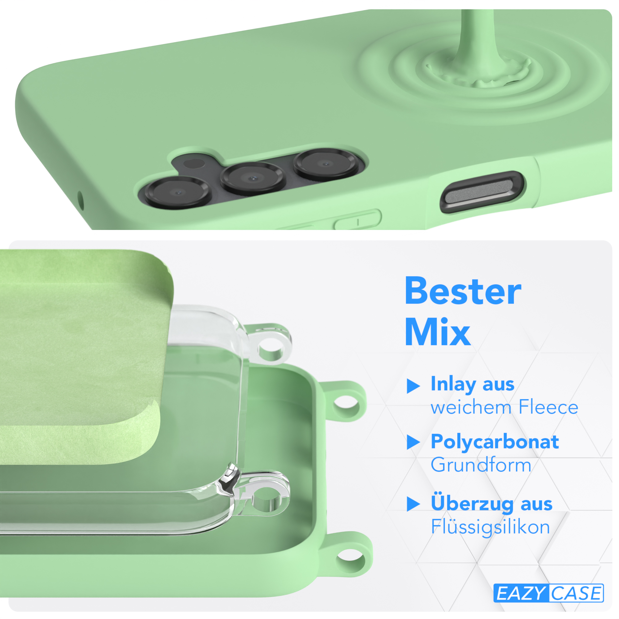 Grüne Handyhülle mit grünem Telefon, Detailansicht der Kamera. Oben ist ein Spritzer. Text ist vorhanden.